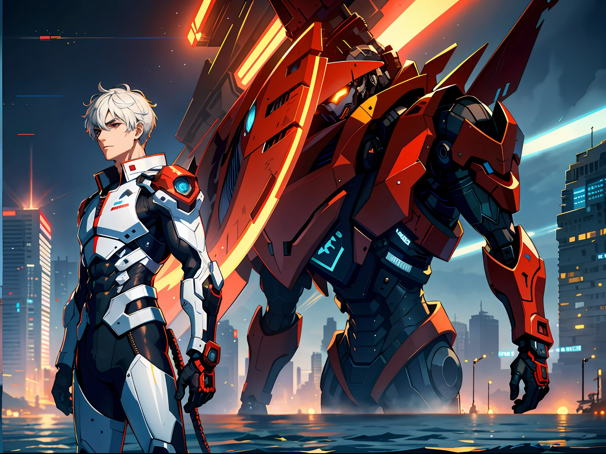 HD clear, best images, illustrations, super detailed, a young man wearing a cyberpunk style (white combat uniform), detailed face, and facial features, standing on the seaside pier with a thoughtful expression on his face, behind him is a huge red mech