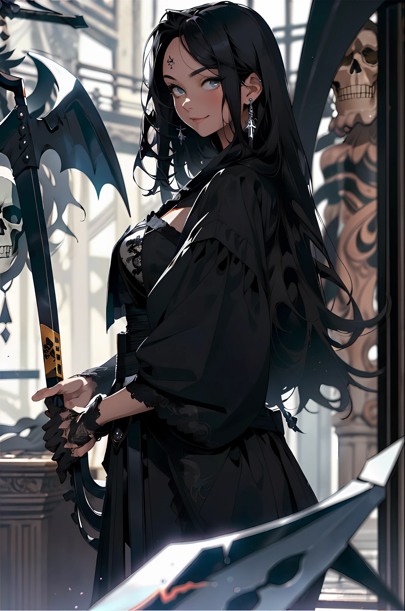 (((BLACK HAIR, [PERFECT REALISTIC EYES])))), (((HOLDING A SCYTHE IN HANDS,))) 1GIRL, SEXY, BLACK OUTFIT, BLACK CAPE AND HOOD, LARGE BREASTS, SLIM BODY, SLIM WAIST, ultra realistic 8k CG, perfect face, flawless, clean, masterpiece, professional artwork, famous art, cinematic lighting, real, SINISTER, BLACK HOOD, WIDE SMILE, (DARK SETTING), costume, MACABRO, BLACK UPAS, lace, lace trim,  lacy legwear, nsfw, breasts out, absurdly long hair, very long hair, (rich: 1.4), SKULLS AROUND, intricate detail, delicate pattern, sexy, charming, seductive, seductive, erotic, charming,