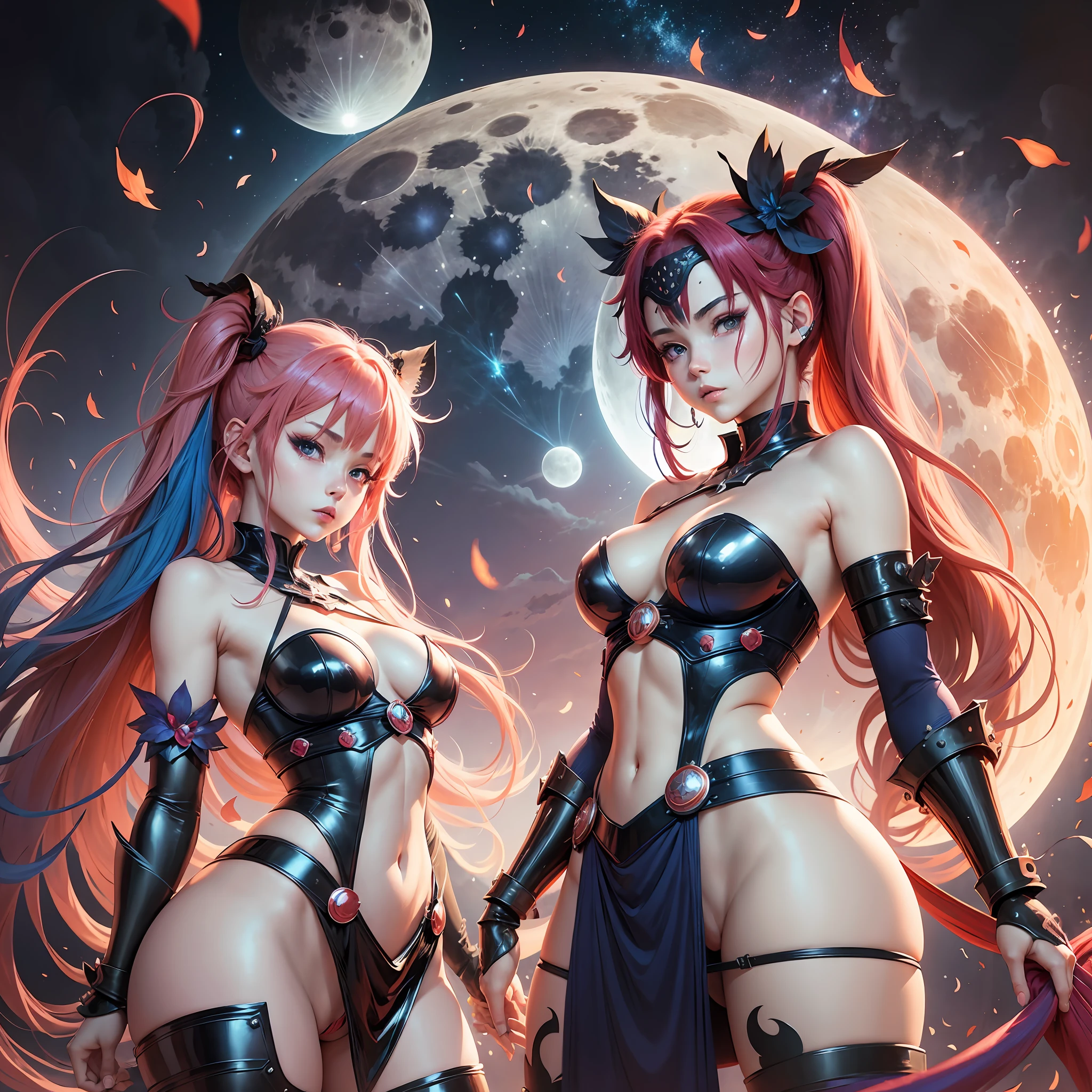 Magical Warrior, Red and Blue Hair, Anime girl in sexy costume posing in front of full moon, 2 beautiful anime girls, anime girl, Nightcore, anime style 4K, best anime 4K Conachan wallpaper, two pure moons, twin tails, ultra hd anime wallpaper, 4k anime wallpaper --auto --s2