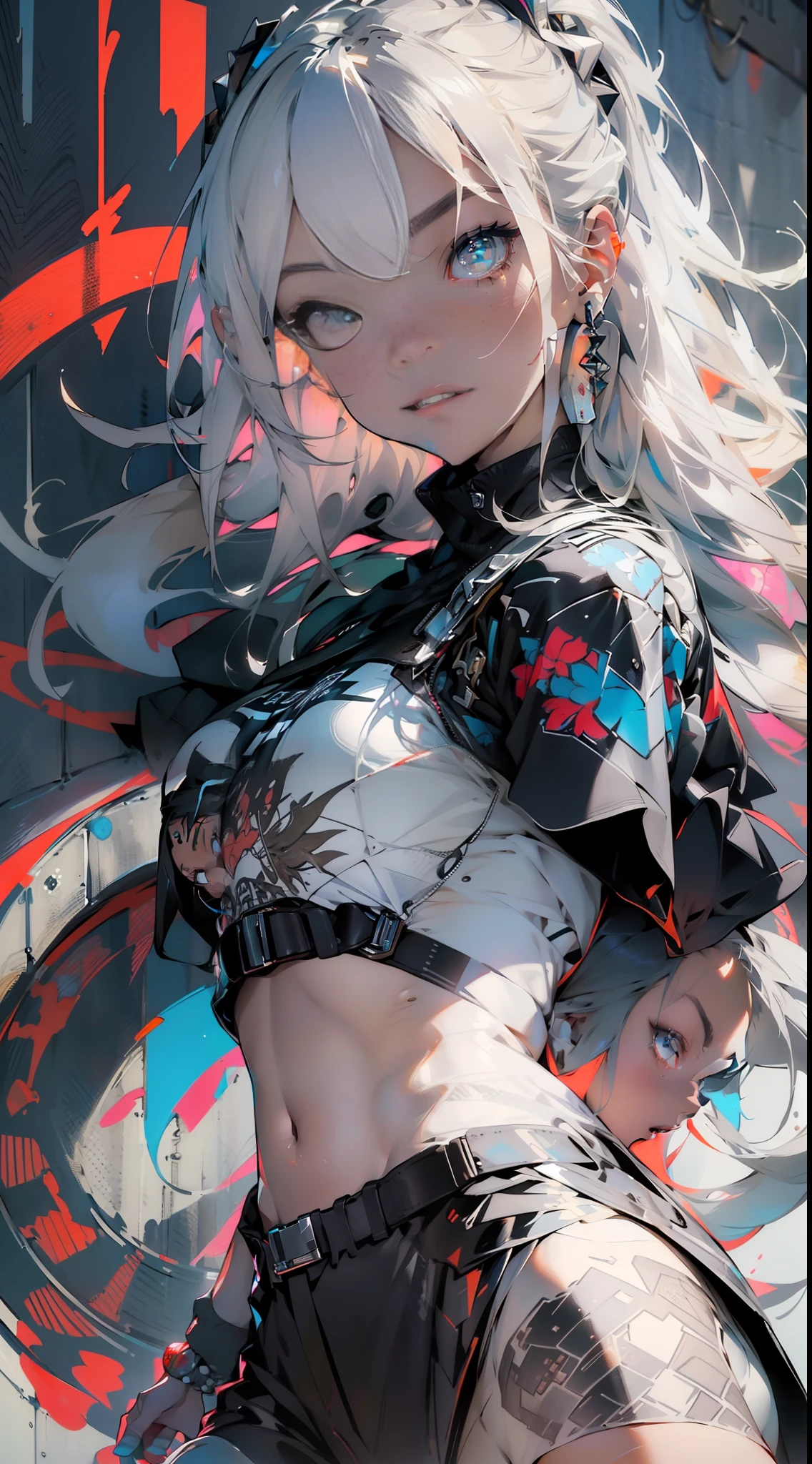 background, mixed-language_text, Japanese letters in graffit, girls, long blonde hair, excellent lighting, sidelighting, perfect ultimate (flat color: 1.3), (magazine_cover: 1.4), (multicolored_background: 1.3), striped_background, card_background, :: discs with sharp and shiny blades in the hand :: circular pieces of white metals glued to the ultra detailed arms coming out sparkling glow, black star design stamped in the middle of the shirt , perfect and detailed, ultra detailed shirt with abstract design and with Japanese letter print in graffiti on the sides of the clothes, image of girls with big breast, on top of a futuristic motorcycle, with immersive effects, hover effect, background graffiti style tribal tattoo with flowers and vibrant colors, "ultra HDR" detailed and with focus effect, (masterpiece: 1.2, best quality), (beautiful eyes with huge eyelashes finely detailed: 1.2), , ((Solo)), (Finely detailed eyes and detailed face :1.3), in various full-body attack poses, (cute background: 1.2),futuristic costume, super detailed circular metals Grabbed on arms and pants, fantastic paintings