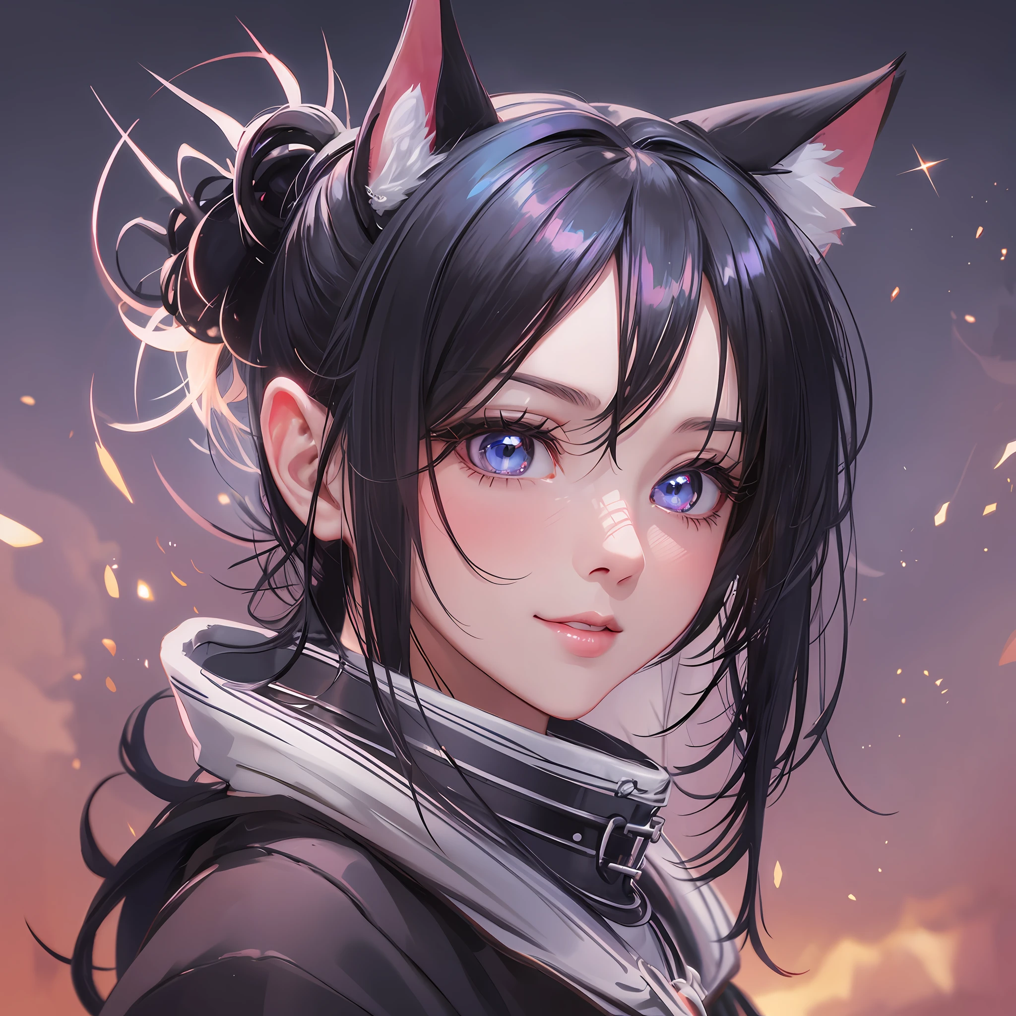 black hair, hair bobbles, wince, longeyelashes, solid circle eyes, fake animal ears, light smile, ear blush, Surrealism, drop shadow, anaglyph, stereogram, tachi-e, pov, atmospheric perspective, cowboy shot, from side, anime, 8k, super detail, ccurate, best quality, UHD --auto --s2