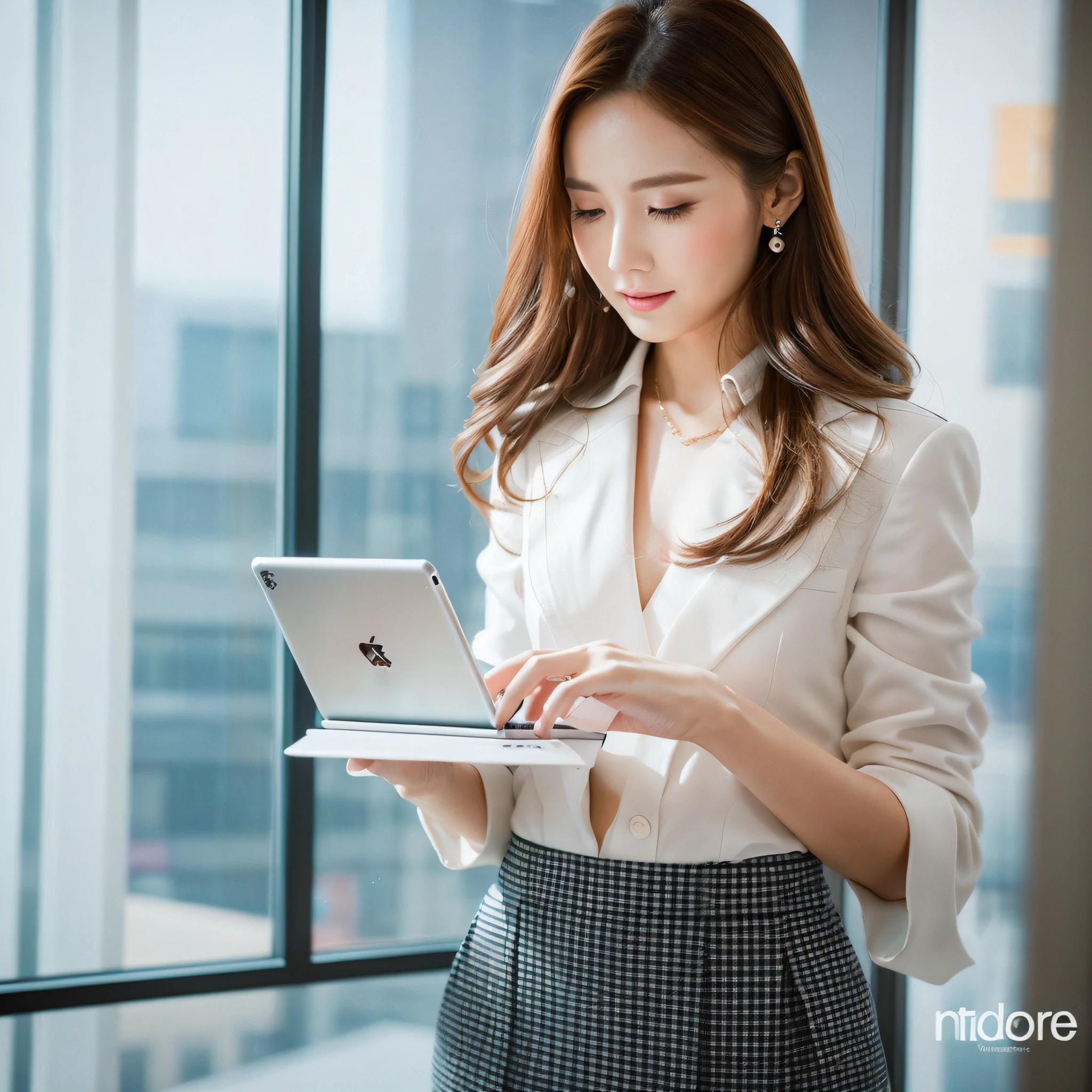A beautiful modern fashion girl, a wedding planner, standing in front of the floor-to-ceiling windows of a modernly furnished office, holding an Apple iPad, is viewing