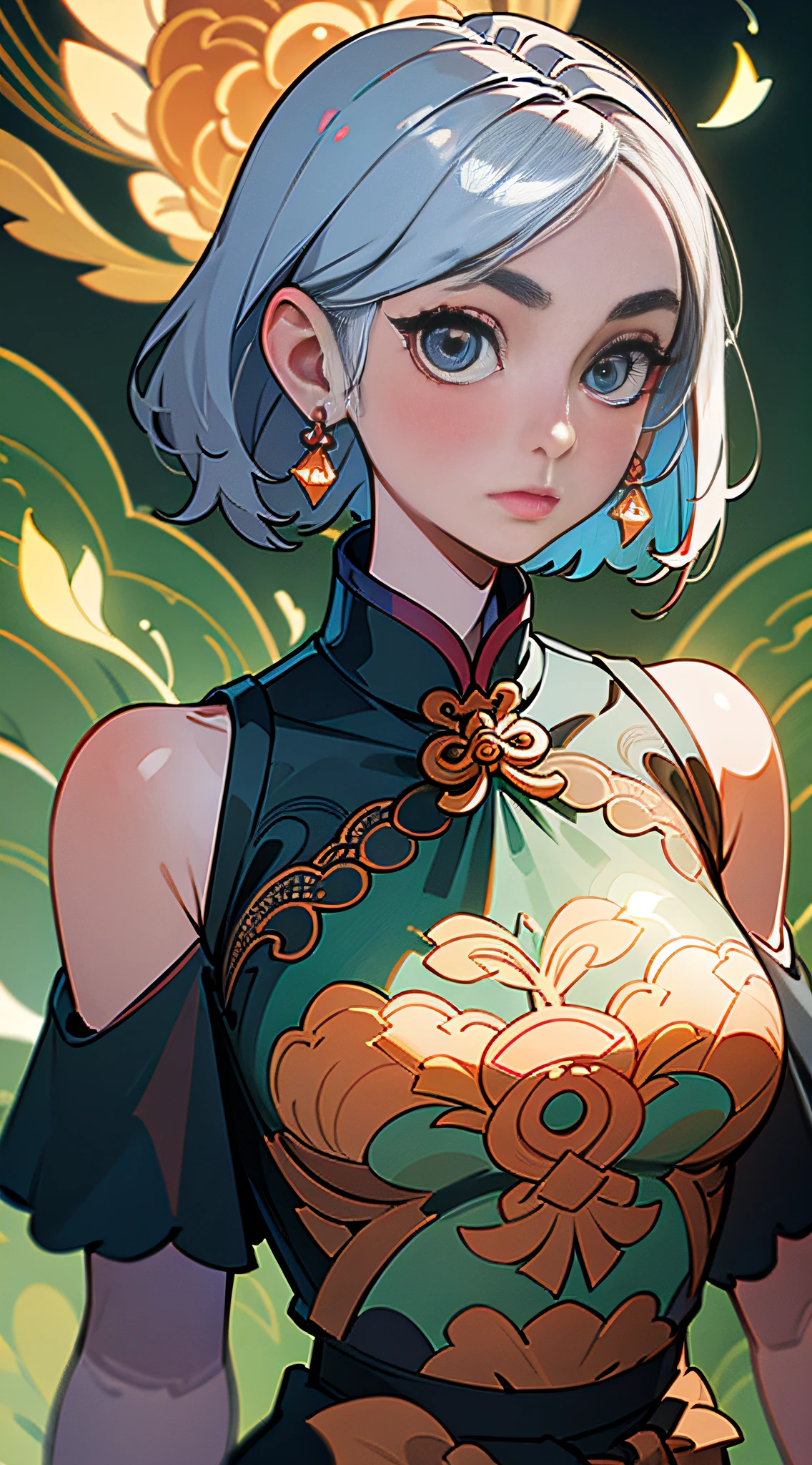(Masterpiece, Best Quality), Masterpiece, Super Detailed, Super HD, High Quality, Highest Quality, 32K, Chinese National Chao Culture, ((Delicate and Beautiful Face, Super Pretty)), ((Super Delicate Big Eyes, Focused Eyes))), Maiden in Cheongsam, Red Cheongsam, Epic Composition, Short Silver Hair, Gorgeous Costumes, Intricate Design, Hair Accessories, Earrings, Walking on the Street, Night, Charming Expression, Upper Body, Close-up, Amazing Facial Features, Flowing Short Hair, Neck Exposed, Intricate Design, simple background, background blur, stunning lighting, C4D, OC rendering, movie edge light, fine light,