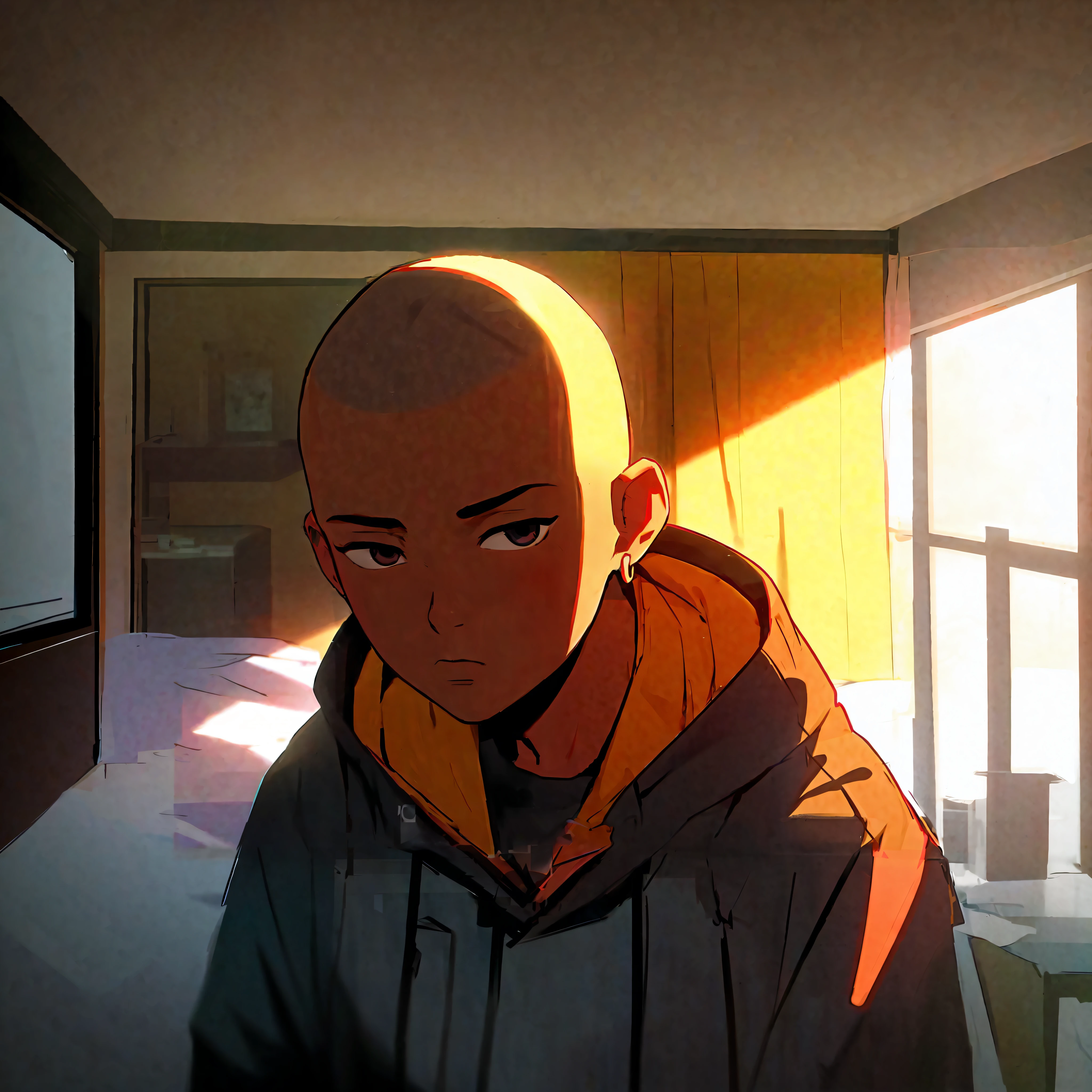 anime character sitting on bed with head turned to the side, inspired by Liam Wong, keanu reevez in disco elysium, shaved head, kuvshinov ilya, ilya kuvshinov face, ilya kuvshinov. 4 k, ilya kuvshinov style, ilya kuvshinov landscape, digital art ilya kuvshinov