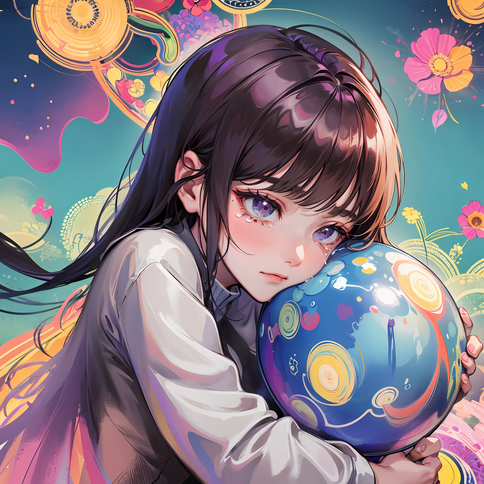 A big egg comforts a crying girl, her name is Fei, sad, frowning, crying, brunetize, fauvism, ray tracing, high resolution