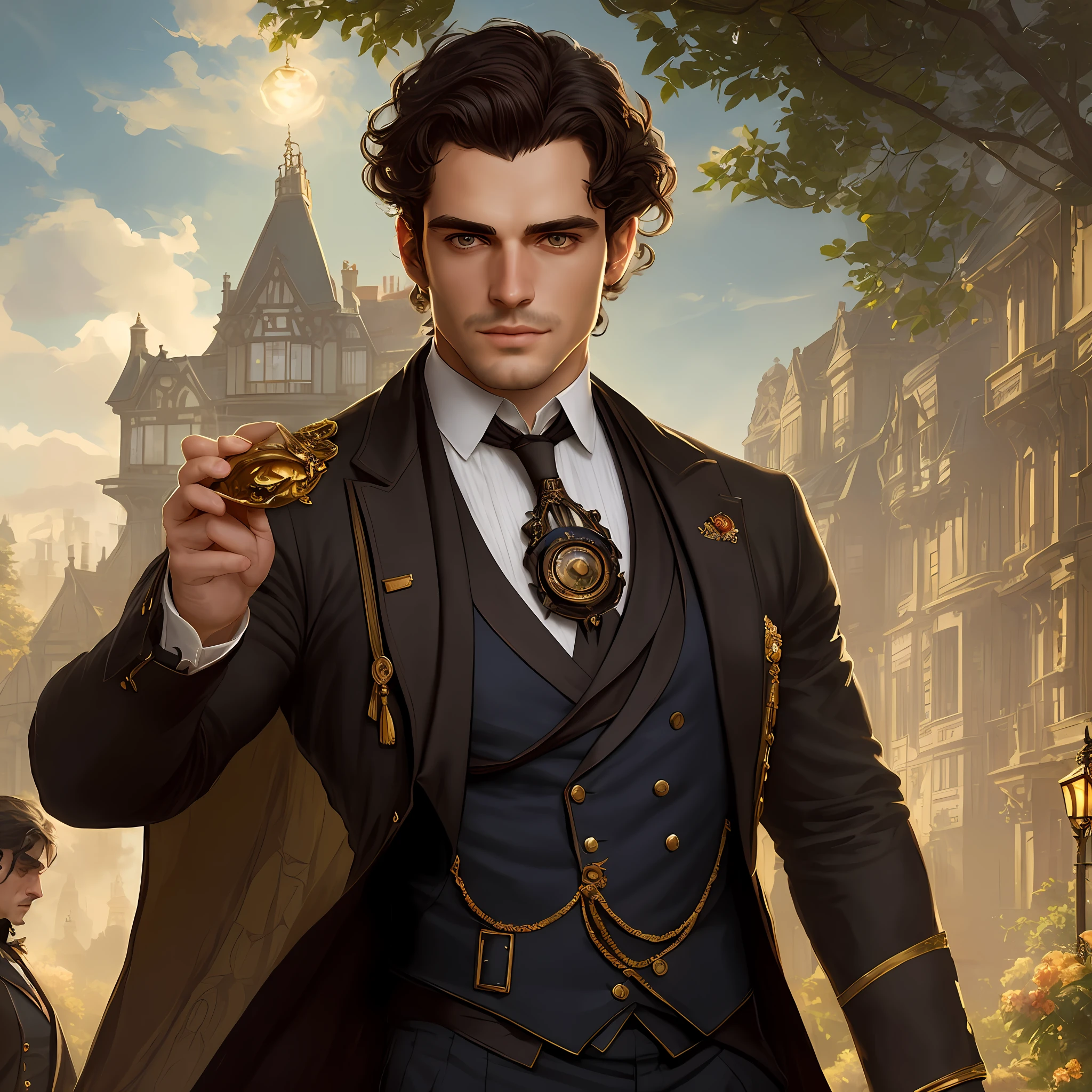 masterpiece stunning strong masculine man 30 years old, wearing british victorian man outfit, tanned skin, looking up, ((sunny victorian mansion garden background)), dark brown short windblown hair, detailed perfect almond-shaped golden eyes, perfect sensual and full lips, resemblance to henri cavill, full body, cover, hyperdetailed painting, luminism, Bar lighting, complex, 4k resolution concept art portrait by Greg Rutkowski, Artgerm, WLOP, Alphonse Mucha: a stunning realistic photograph 30 years