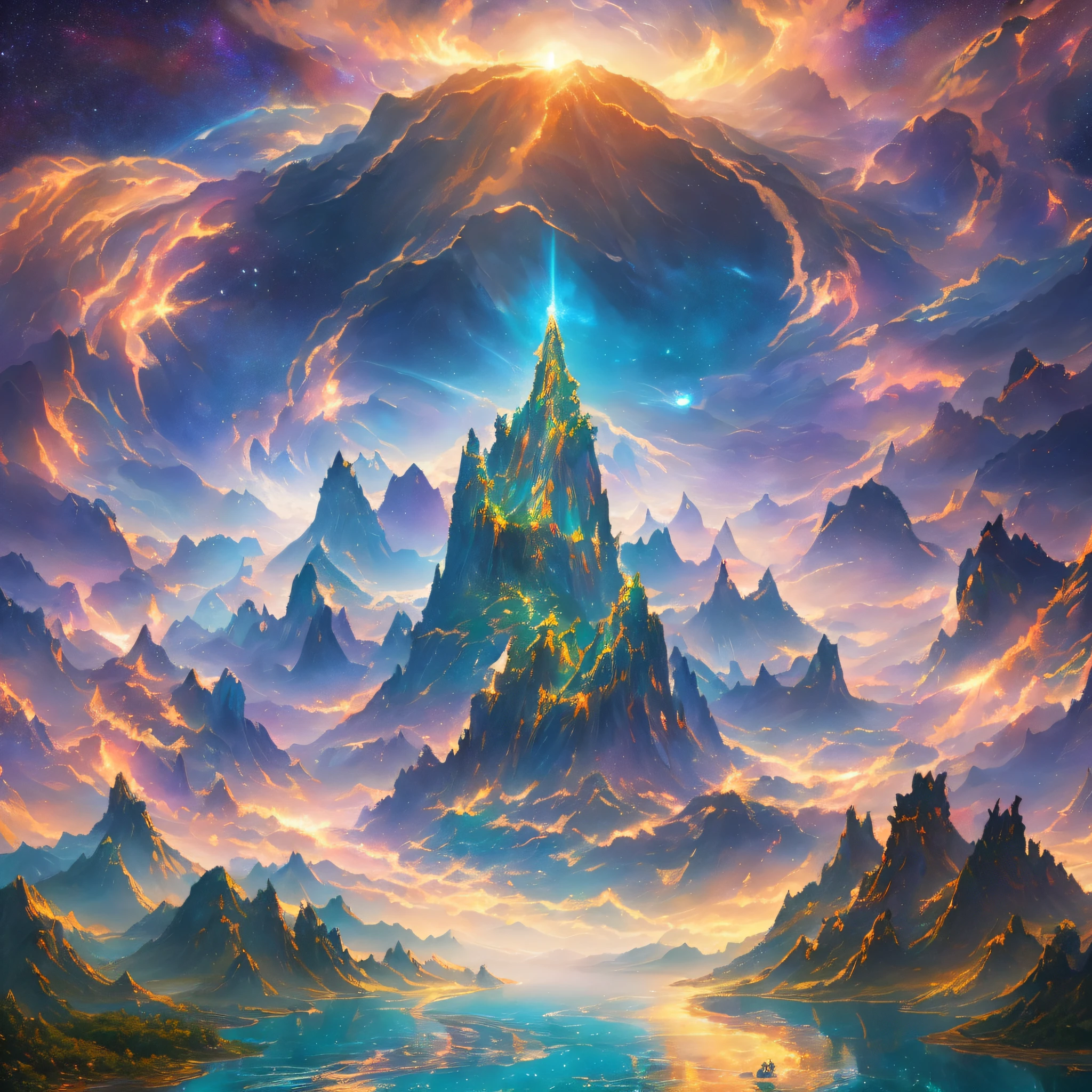 Craft a breathtaking 16:9 illustration in stunning 8K resolution, depicting a celestial realm inspired by Chinese mythology. Imagine an expansive universe adorned with ethereal nebulae, where cosmic forces guide the graceful dance of planets and stars. Let the scene showcase majestic mountains, flowing rivers, and verdant forests, all bathed in the otherworldly glow of radiant lights. The atmosphere should evoke a sense of tranquility and spiritual transcendence. --auto --s2
