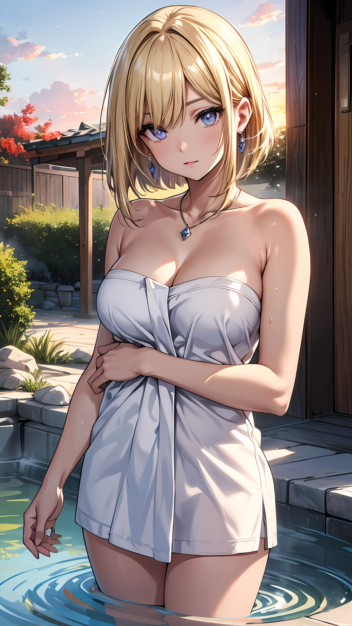 Realistic, Hyper Detail, Girls Only, one side short layered bob, Dynamic Lighting, ((Bold imaginative pose)), (Glossy skin: 1.5), Masterpiece, Top Quality, Absurdity, Watching Viewer, ((Blonde:0,7) and (light purple inner color:0.3) Hair), deep Purple Clear Eyes,((Beautiful, detailed eyes, jewel-like eyes, sparkling eyes:1.3)), Slender, High Resolution, Sharp Focus, Depth of Field, Detail Eyes, Sharp Eyes, (Realistic Eyes)), outdoors, sunrise sky,Open-air bath of a long-established hot spring inn,(Remove skin from bath towel): 1.3)