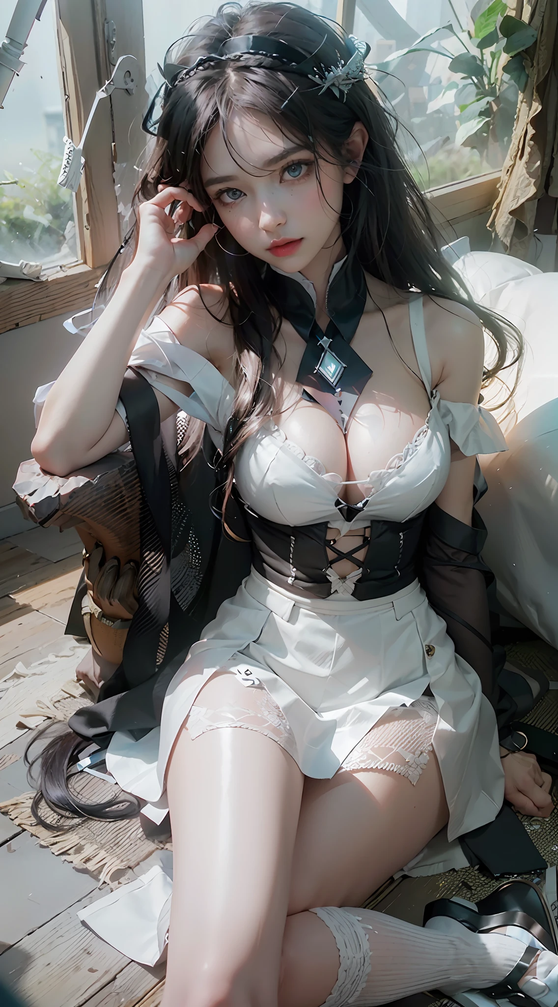 ((Best Quality)), ((Masterpiece)), (Details: 1.4), 3D, A Beautiful Single Beauty, (Blue-black Super Long Hair, Braided 1.6), (White Shirt, Black Pencil Skirt: 1.7), (White Stockings, Two Beautiful Legs: 1.6), (Kneeling, Sandals: 1.4) (Red Lip: 1.2) HDR (High Dynamic Range), Ray Tracing, NVIDIA RTX, Super-Resolution, Unreal 5, Subsurface scattering, PBR textures, post-processing, anisotropic filtering, depth of field, maximum sharpness and sharpness, multi-layer textures, albedo and highlight maps, surface shading, accurate simulation of light-material interactions, perfect proportions, Octane Render, two-color light, large aperture, low ISO, white balance, rule of thirds, 8K RAW,