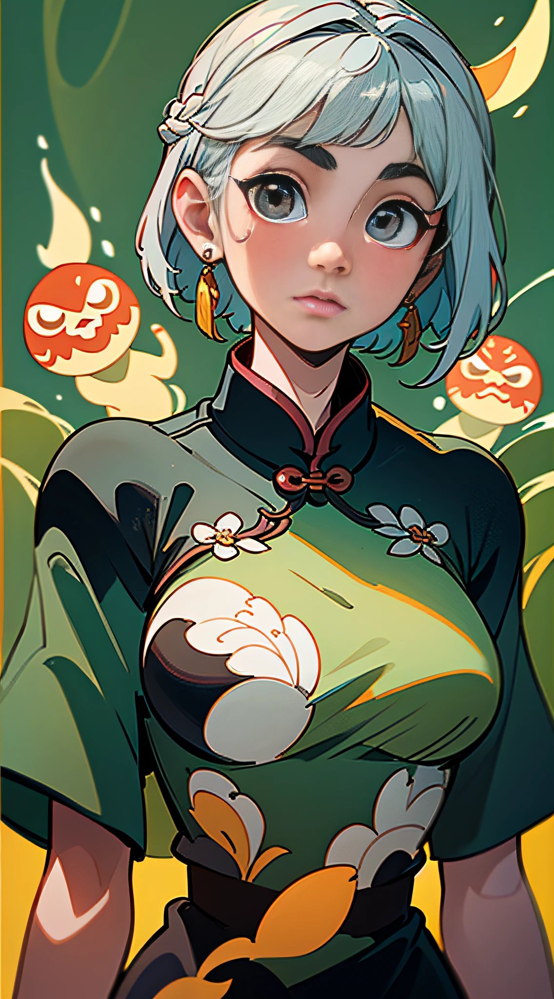 (Masterpiece, Best Quality), Masterpiece, Super Detailed, Super HD, High Quality, Highest Quality, 32k, Chinese Guochao Culture, Guochao Style, Guochao Style, ((Delicate Big Eyes)), Beautiful, Chinese Guochao Culture, Girl in Cheongsam, Green Cheongsam, Epic Composition, Short Silver Hair, Gorgeous Costumes, Intricate Design, Hair Accessories, Earrings, Walking on the Street, Night, Charming Expression, Upper Body, Close-up, Amazing Facial Features, Flowing Short Hair, Neck Exposed, Complex Design, Simple background, background blur, stunning lighting, C4D, OC rendering, movie edge light, fine light,