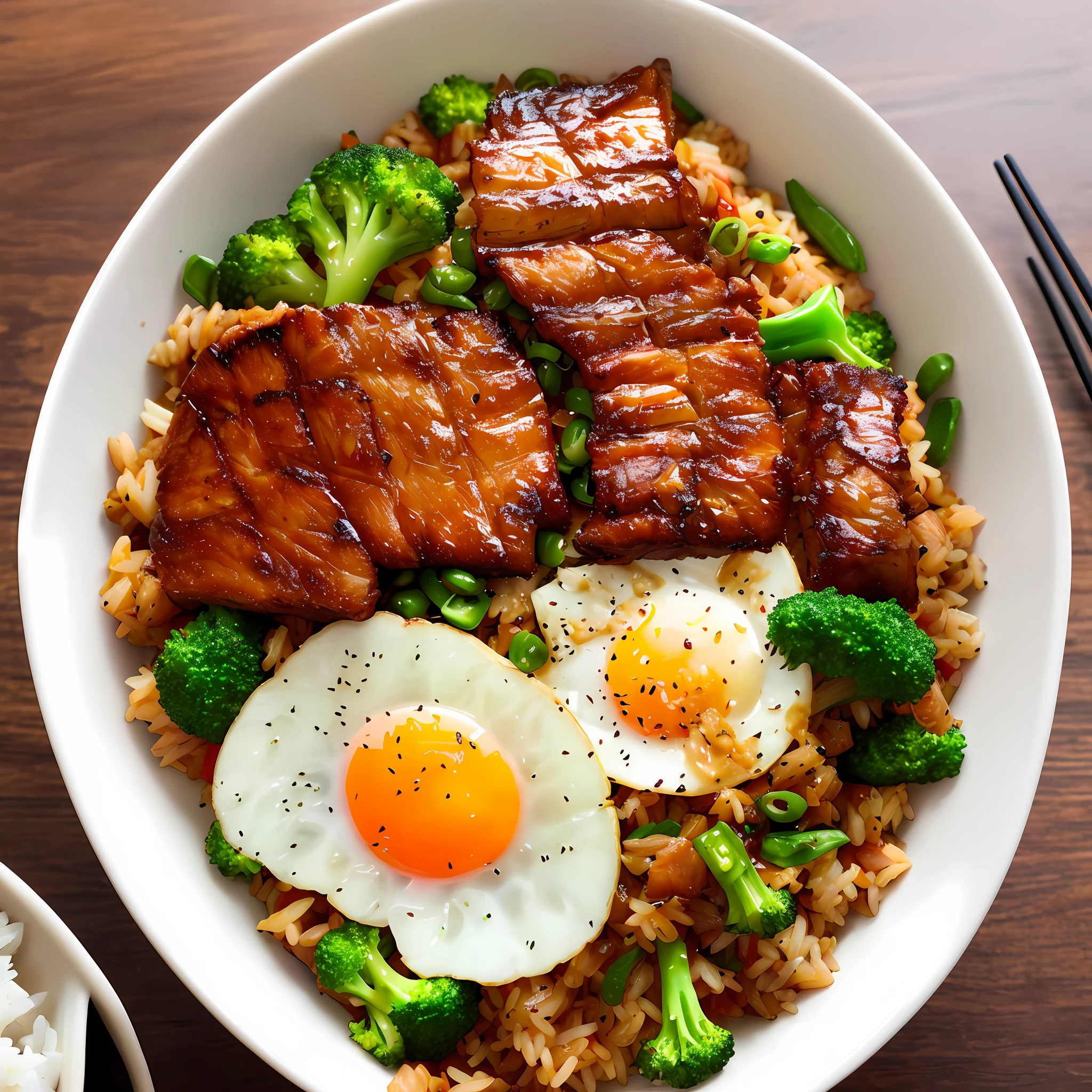 Dog on the side, animation, high quality, high resolution, rice bowl, fried egg, braised pork, diced radish, beans, rice, broccoli