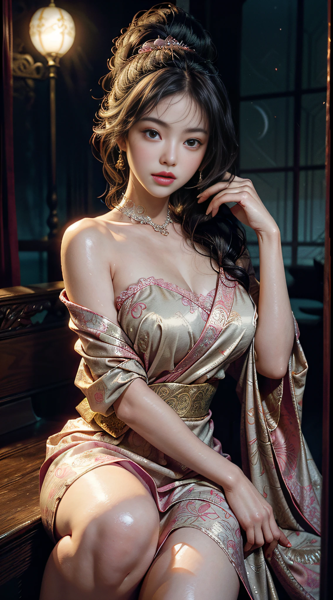 The art depicts a charming woman dressed in a flowing, silky traditional oriental dress, pink, decorated with intricate patterns and bright colors. Her dress drapes elegantly over her curvy figure, accentuating her seductive silhouette. She stood gracefully in the quiet moonlit night, bathed in the soft glow of the moonlight. The scene exudes an ethereal and dreamy atmosphere, with a touch of mystery and sexiness. The graphic style blends watercolor and digital illustration techniques to evoke a refined beauty and charm. The lights are filled with soft moonlight, casting soft highlights and shadows on her charming features. Bare thighs, big breasts, three-dimensional facial features, sitting, upturned legs, clear eyes, Yellow Crane Tower in the distance