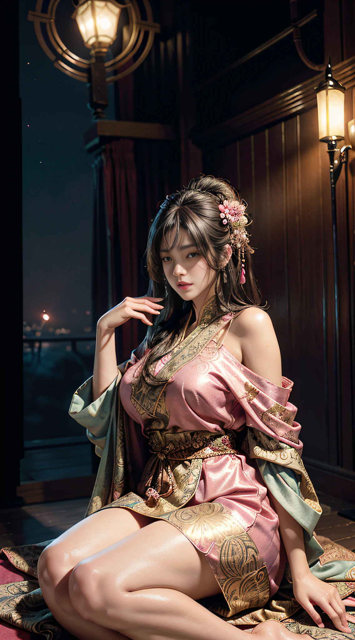 The art depicts a charming woman dressed in a flowing, silky traditional oriental dress, pink, decorated with intricate patterns and bright colors. Her dress drapes elegantly over her curvy figure, accentuating her seductive silhouette. She stood gracefully in the quiet moonlit night, bathed in the soft glow of the moonlight. The scene exudes an ethereal and dreamy atmosphere, with a touch of mystery and sexiness. The graphic style blends watercolor and digital illustration techniques to evoke a refined beauty and charm. The lights are filled with soft moonlight, casting soft highlights and shadows on her charming features. Bare thighs, big breasts, three-dimensional facial features, sitting, upturned legs, clear eyes, Yellow Crane Tower in the distance