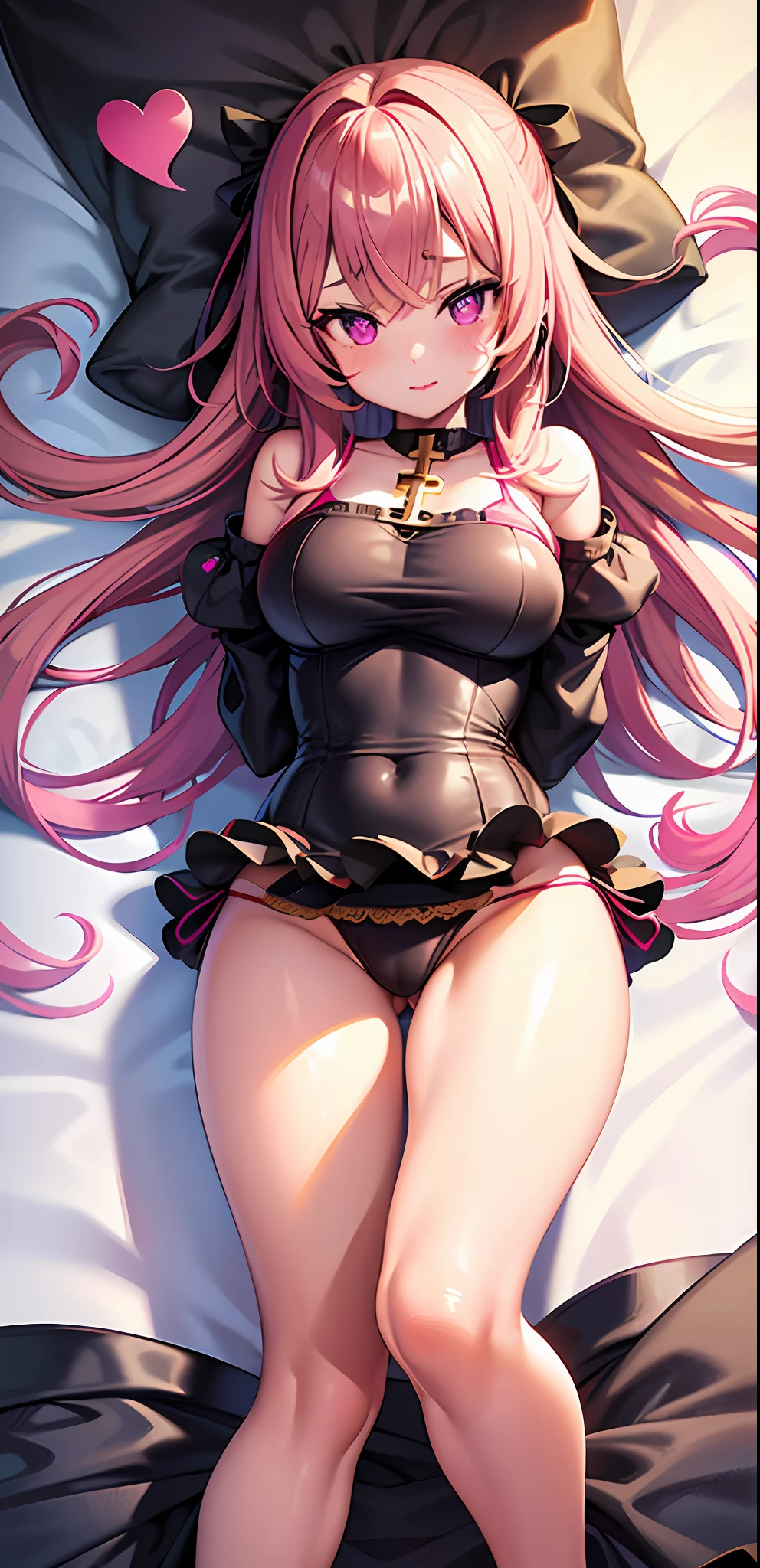 masterpiece, best quality, 1girl, long hair, long sleeved bikini, cross pupil, purple eyes, pink lipstick, lips gloss, dakimakura, lying on back, on stomach, attractive, blushes, wide thighs, full body, detailed full body portrait, hearts on air, from above