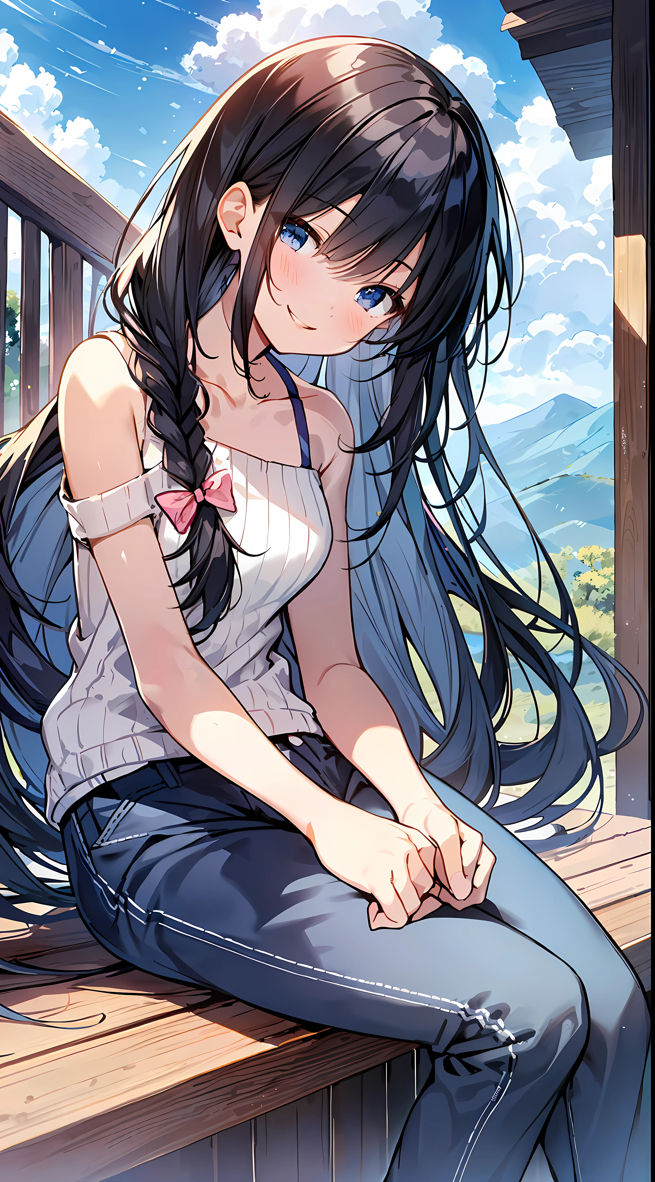 Top Quality, Masterpiece, Ultra High Definition, 8K, Summer Sky, Early Summer, (Pants, Light Knitwear, Sneakers), Shojo Manga Style , Alone, Soft Line Art, Digital Enhancement, Shojo Manga Touch, Shojo Manga Core, Flowing Fabric, Close Up, (Shoulder-length and Short Braid)), Wet Hair, Staring at Us Head-on, Soft Drawing, Beautiful Black Hair, Clear Eyes, ( (teasing smile)), ultra-detailed digital anime art, clear face depiction, ultra-detailed shoujo manga character art, clear facial features, ultra-detailed manga style, top quality colors, hand gestures, landscape with nature, looking up at the sky, angle that can be seen up to the feet, sit
