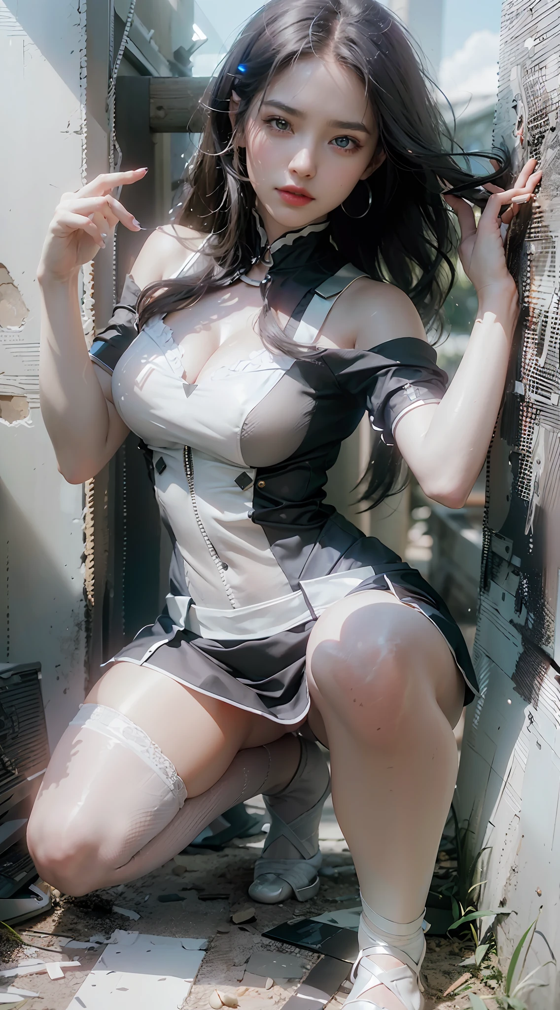 ((Best Quality)), ((Masterpiece)), (Details: 1.4), 3D, A Beautiful Single Beauty, (Blue-black Super Long Hair, Braided 1.6), (White Shirt, Black Pencil Skirt: 1.7), (White Stockings, Two Beautiful Legs: 1.6), (Kneeling, Sandals: 1.4) (Red Lip: 1.2) HDR (High Dynamic Range), Ray Tracing, NVIDIA RTX, Super-Resolution, Unreal 5, Subsurface scattering, PBR textures, post-processing, anisotropic filtering, depth of field, maximum sharpness and sharpness, multi-layer textures, albedo and highlight maps, surface shading, accurate simulation of light-material interactions, perfect proportions, Octane Render, two-color light, large aperture, low ISO, white balance, rule of thirds, 8K RAW,