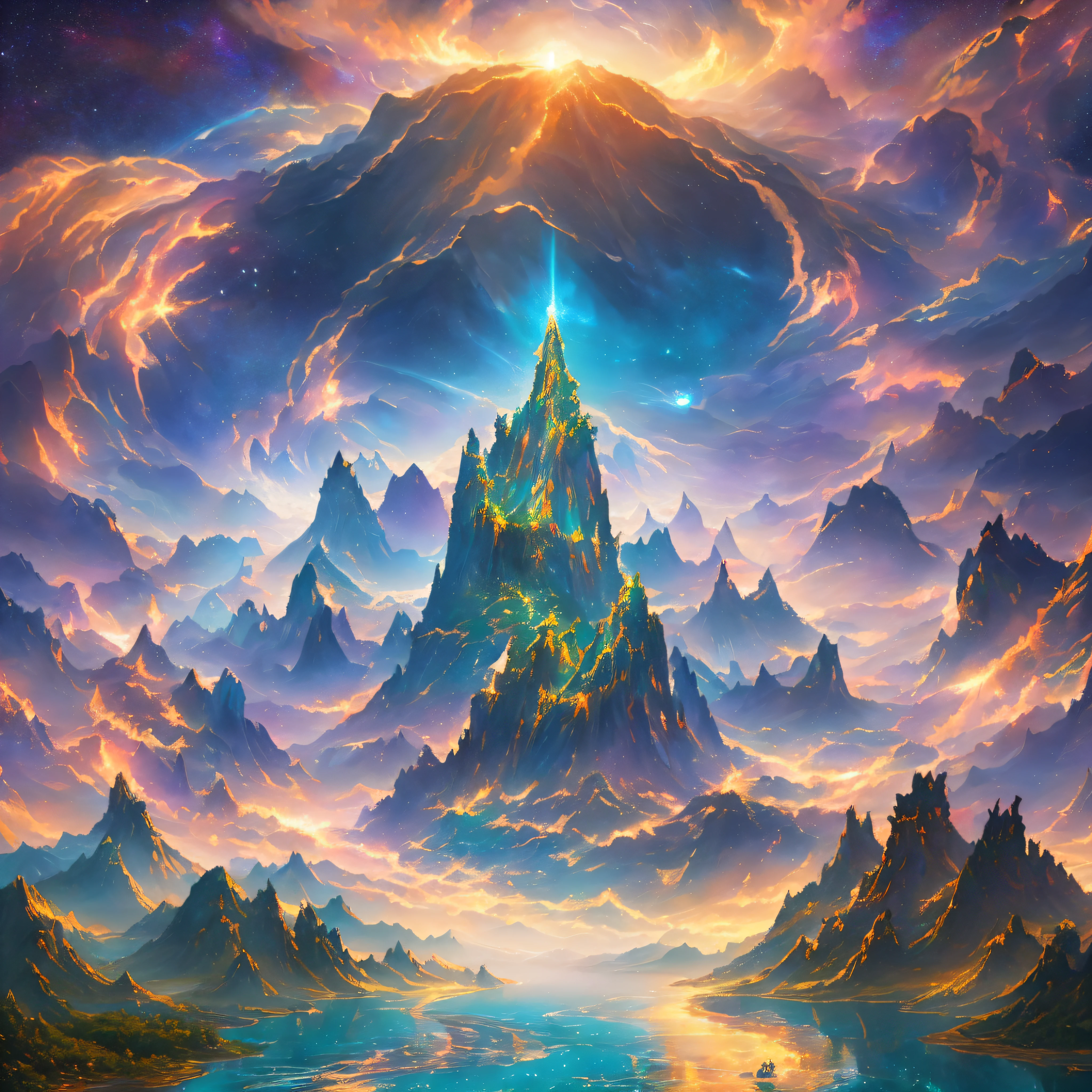 Craft a breathtaking 16:9 illustration in stunning 8K resolution, depicting a celestial realm inspired by Chinese mythology. Imagine an expansive universe adorned with ethereal nebulae, where cosmic forces guide the graceful dance of planets and stars. Let the scene showcase majestic mountains, flowing rivers, and verdant forests, all bathed in the otherworldly glow of radiant lights. The atmosphere should evoke a sense of tranquility and spiritual transcendence. --auto --s2