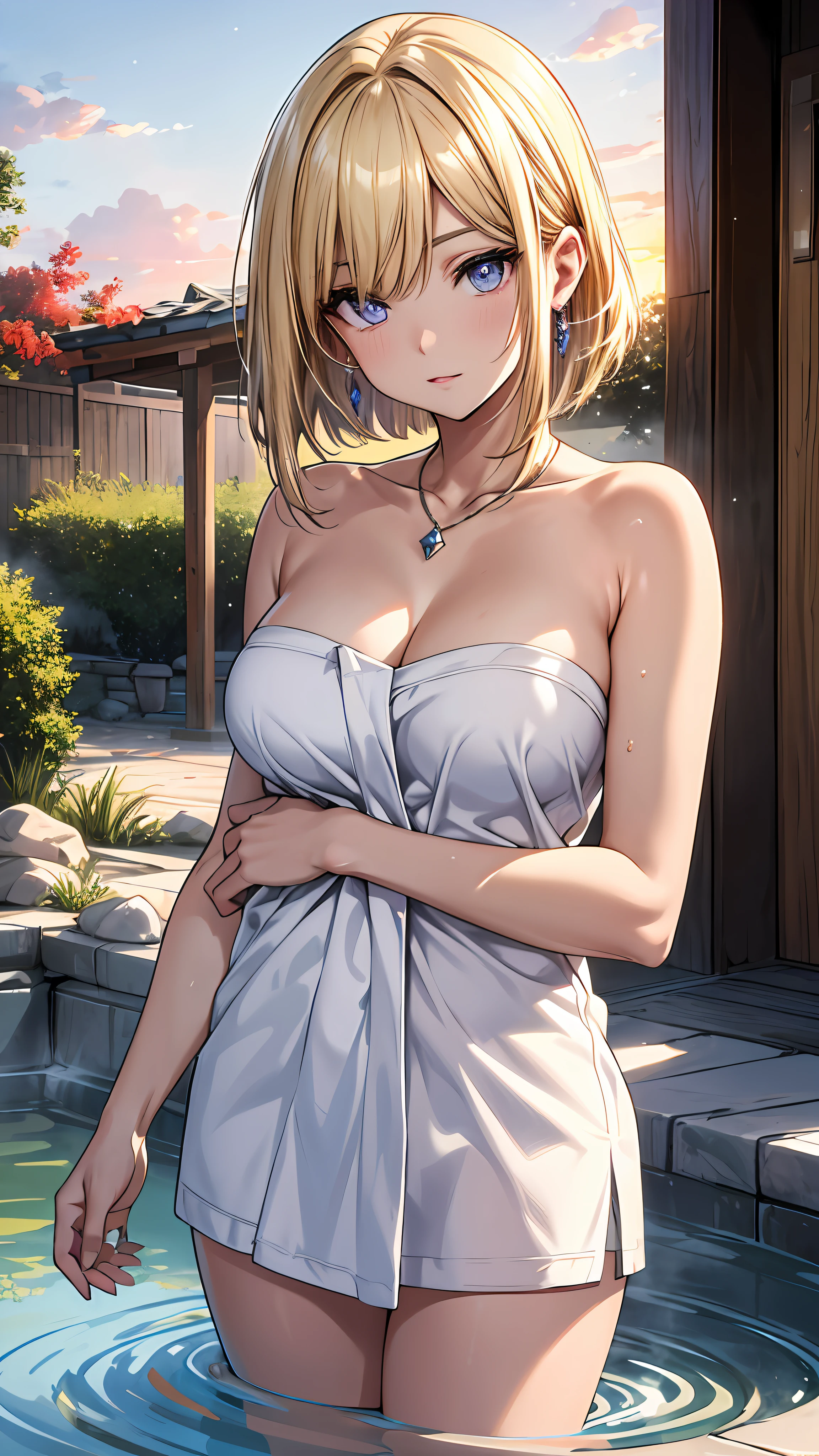Realistic, Hyper Detail, Girls Only, one side short layered bob, Dynamic Lighting, ((Bold imaginative pose)), (Glossy skin: 1.5), Masterpiece, Top Quality, Absurdity, Watching Viewer, ((Blonde:0,7) and (light purple inner color:0.3) Hair), deep Purple Clear Eyes,((Beautiful, detailed eyes, jewel-like eyes, sparkling eyes:1.3)), Slender, High Resolution, Sharp Focus, Depth of Field, Detail Eyes, Sharp Eyes, (Realistic Eyes)), outdoors, sunrise sky,Open-air bath of a long-established hot spring inn,(Remove skin from bath towel): 1.3)