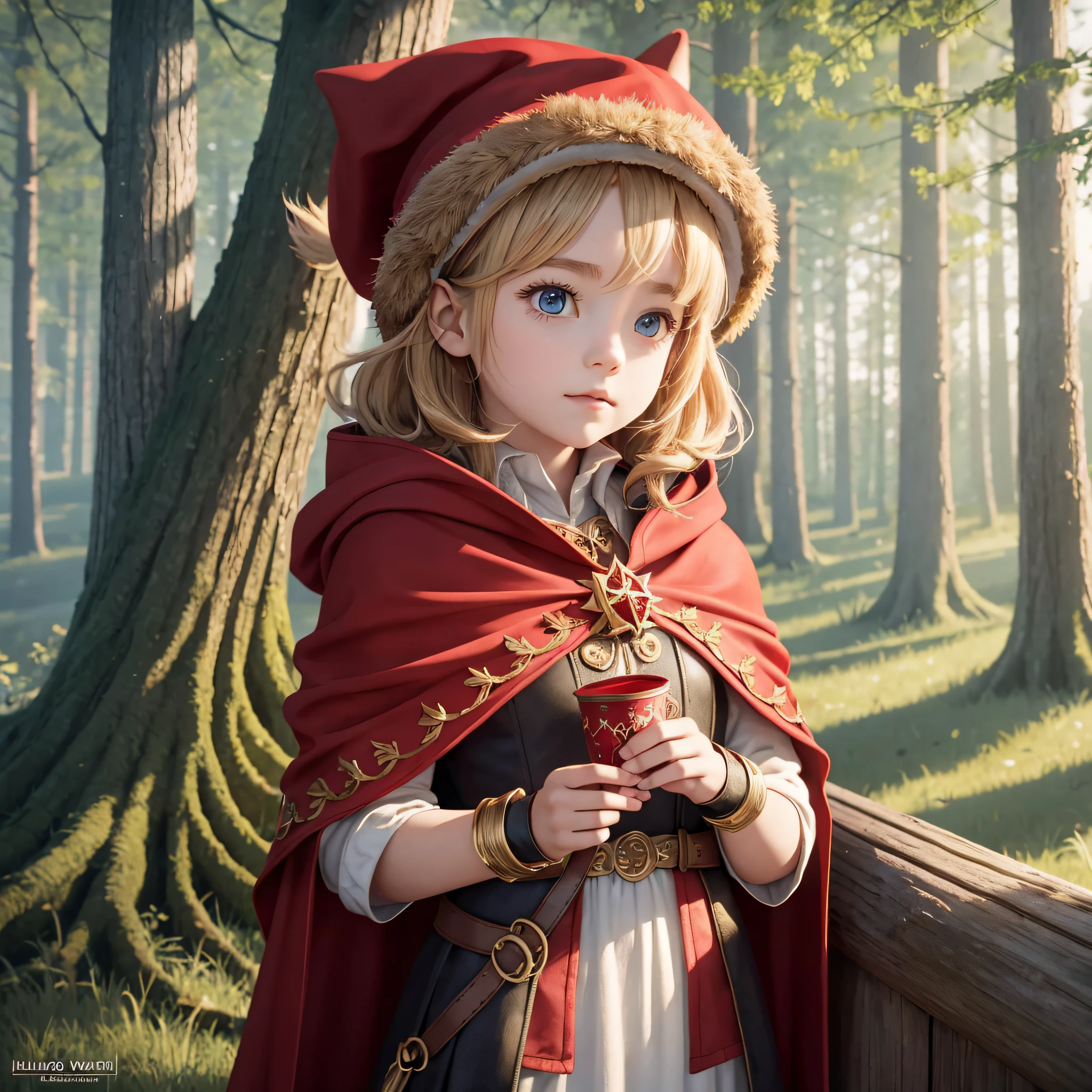  in a red hat, Red cloak, Europa 1400: Gold, forest, big bad wolf, Cartoon painting, unreal engine, cinematic lighting, UHD, super detail --auto --s2