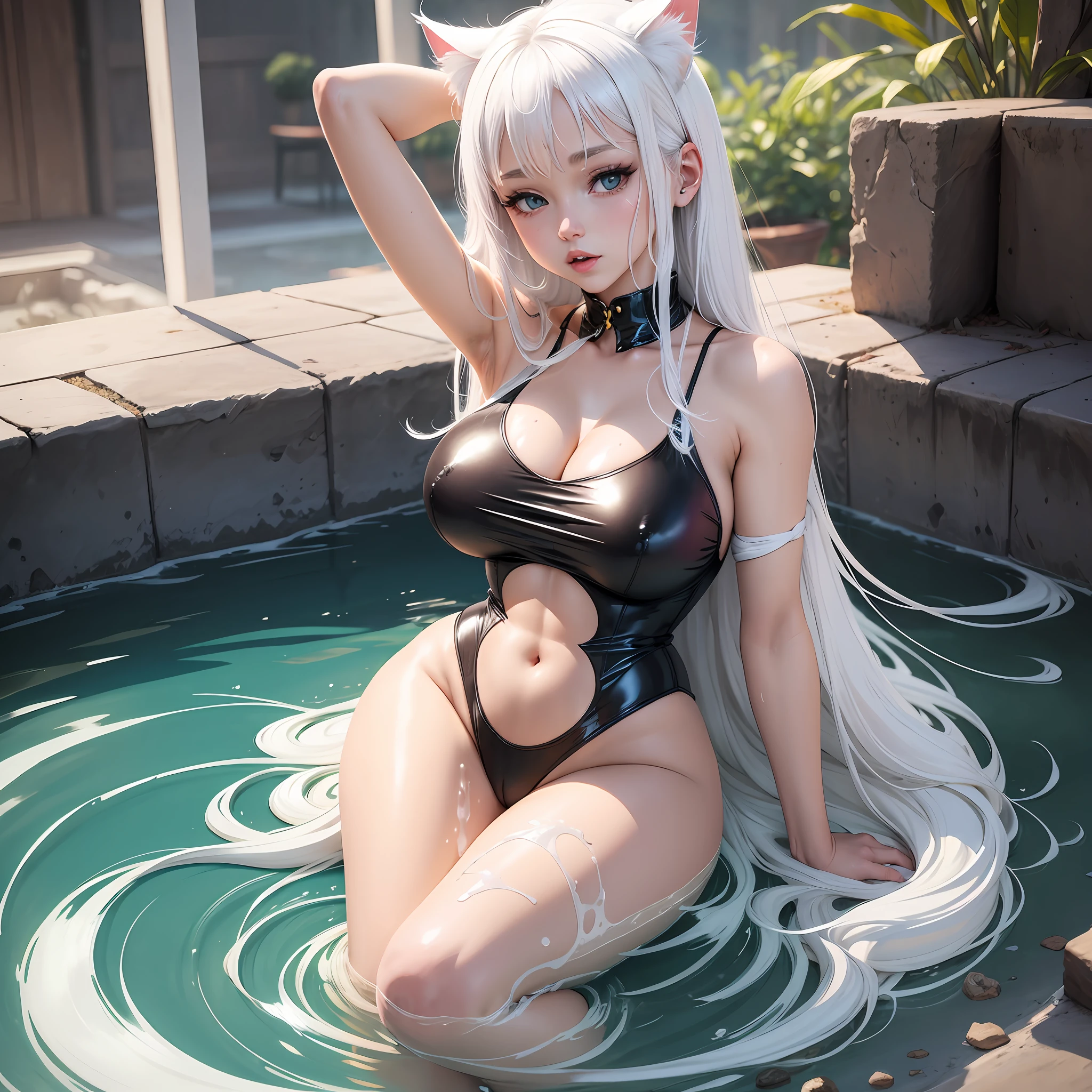 Cat Girl Beauty Swimsuit Big Tits White Liquid Bathing Open Legs Long Hair White Hair