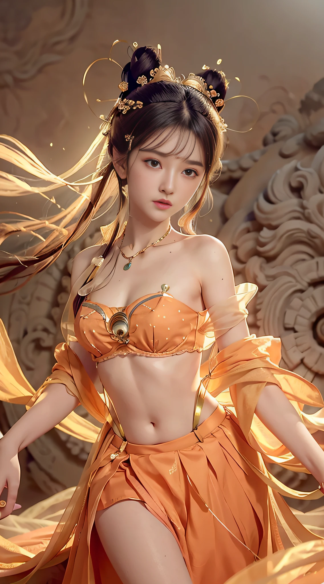 Bust photo, face close-up, face shot, a beautiful woman, messy hair, girly, symmetrical bun, hair accessories, jewelry, delicate face, (orange suspenders: 1.5), (orange high split lower skirt 1.7), (gold pattern: 1.5), crop navel, open belly, Dunhuang style, a lot of streamers, delicate skin, soft light effect, delicate and smooth hair, delicate details, eye highlights, fair skin, fine portrayal, extreme details, cinematic picture quality, thin, slender, broken, hair details, thin bangs, shawl hair, right body, shadow, air bangs, 8K, super fine, fine fabric texture, soft, soft, smooth, ((Dunhuang style))))))，