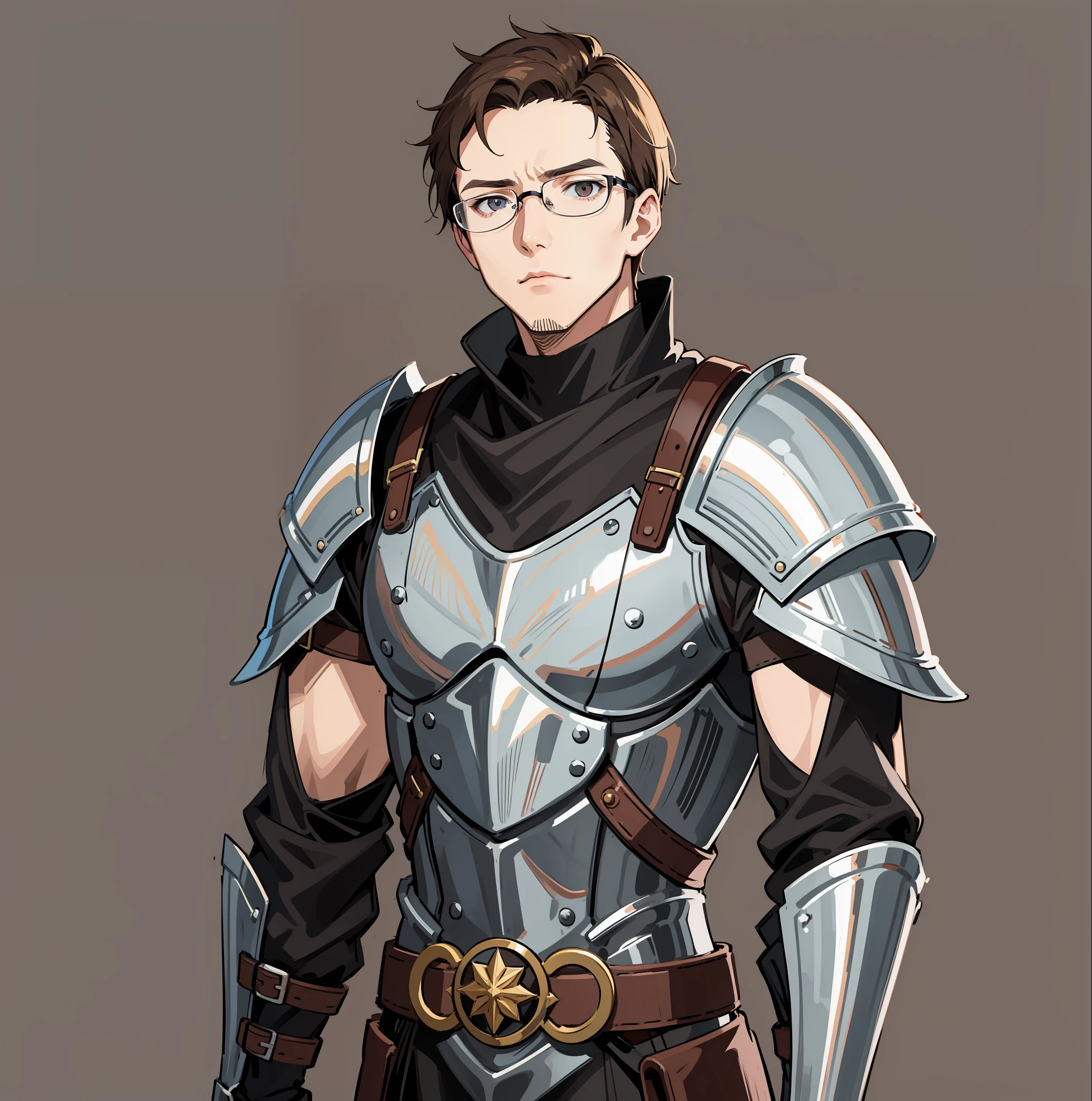 Screenshots of the Anime A brown-haired, short-haired, bespectacled man dressed in the costume of a medieval European knight stands looking at us with a very troubled expression. The figure is lean. Fine line art 2020s anime