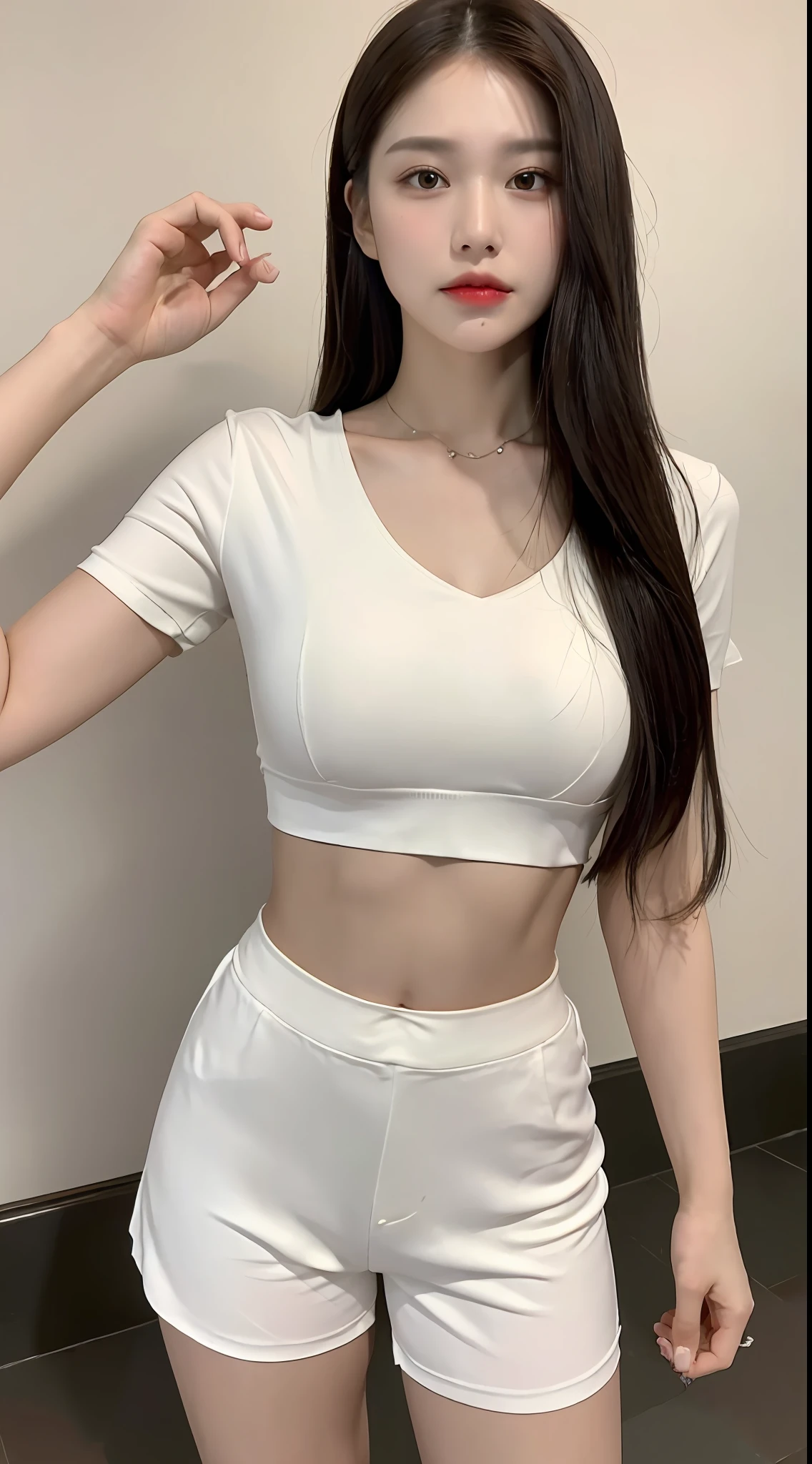 ((Best Quality, 8K, Masterpiece: 1.3)), (Flower Cap: 1.3), Focus: 1.2, Perfect Body Beauty: 1.4, Buttocks: 1.2, (Layered Haircut: 1.2)), (Dark Street: 1.3), Highly Detailed Face and Skin Texture, Full Body, Delicate Eyes, Double Eyelids, Whitened Skin, Long Hair, (Round Face: 1.5), (Loose Crop Top, Shorts: 1.6)