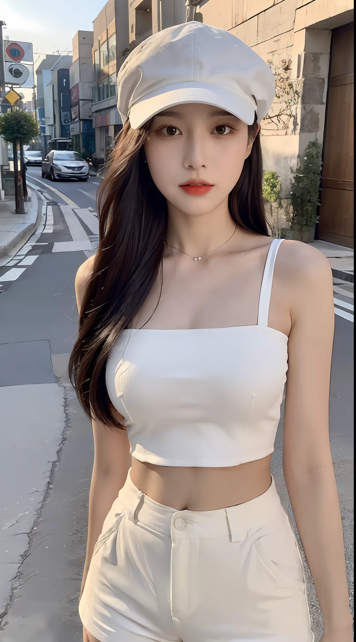 ((Best Quality, 8K, Masterpiece: 1.3)), (Flower Cap: 1.3), Focus: 1.2, Perfect Body Beauty: 1.4, Buttocks: 1.2, (Layered Haircut: 1.2)), (Dark Street: 1.3), Highly Detailed Face and Skin Texture, Full Body, Delicate Eyes, Double Eyelids, Whitened Skin, Long Hair, (Round Face: 1.5), (Loose Crop Top, Shorts: 1.6)