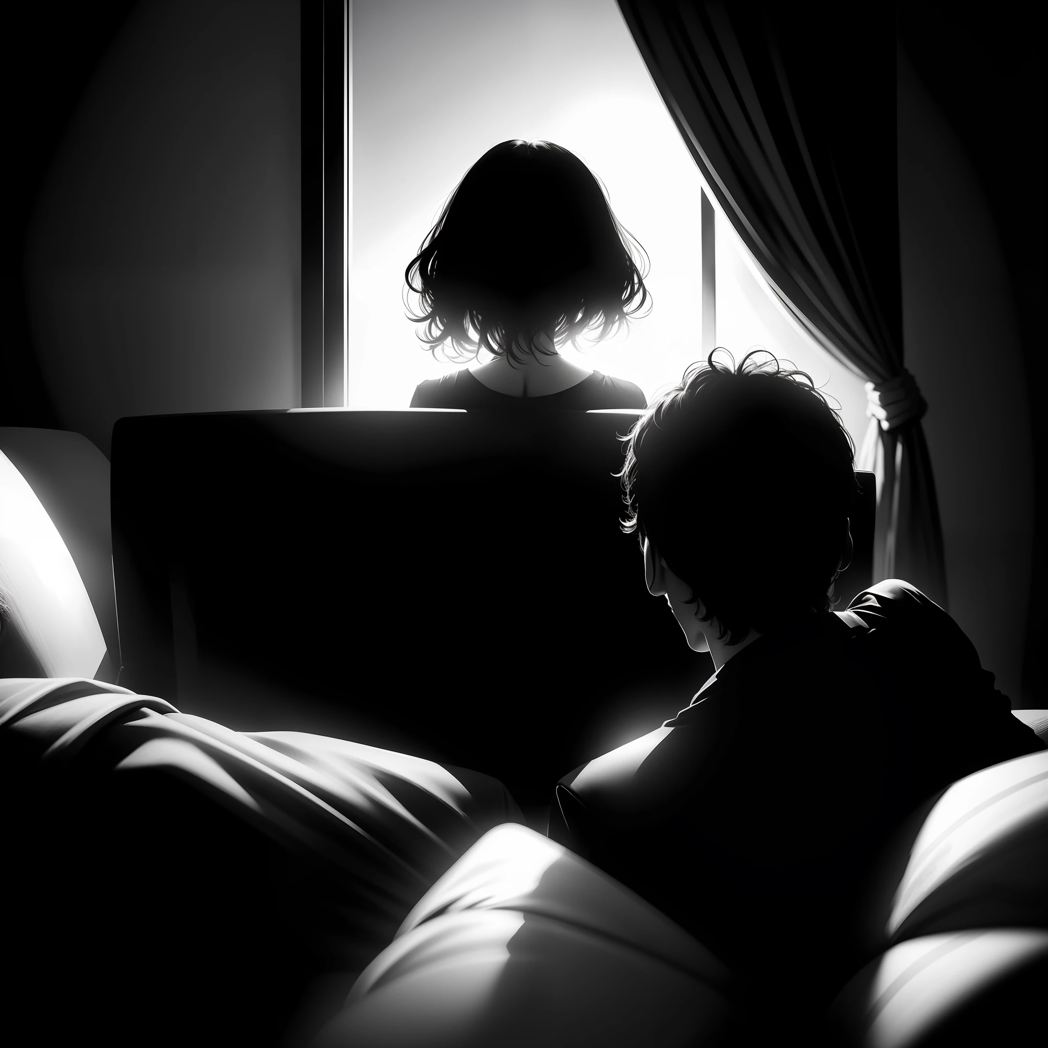 Silhouette man and woman middle aged, 40 years sitting on the couch crying,separated, black and white, realism,