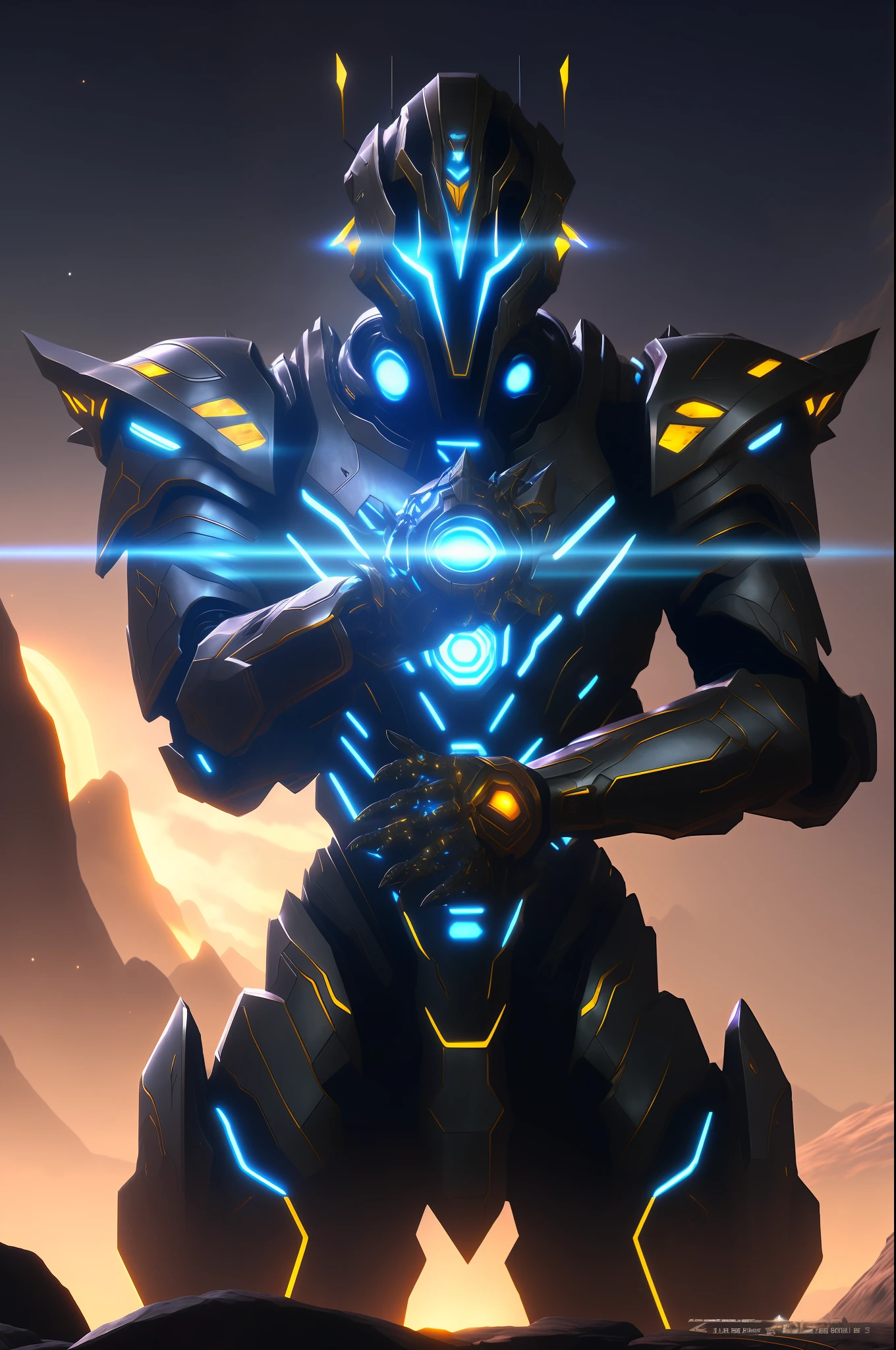 a man in armor standing in front of a mountain with a glowing halo, cyber armor, cyber fight armor, space armor, cyber suit, cyber armour, clothed in cyber armour, intricate glowing mecha armor, protoss!!!!, protoss, protoss!!, starcraft 2 videogame character, anthem game inspiration, mecha suit, epic scifi character art