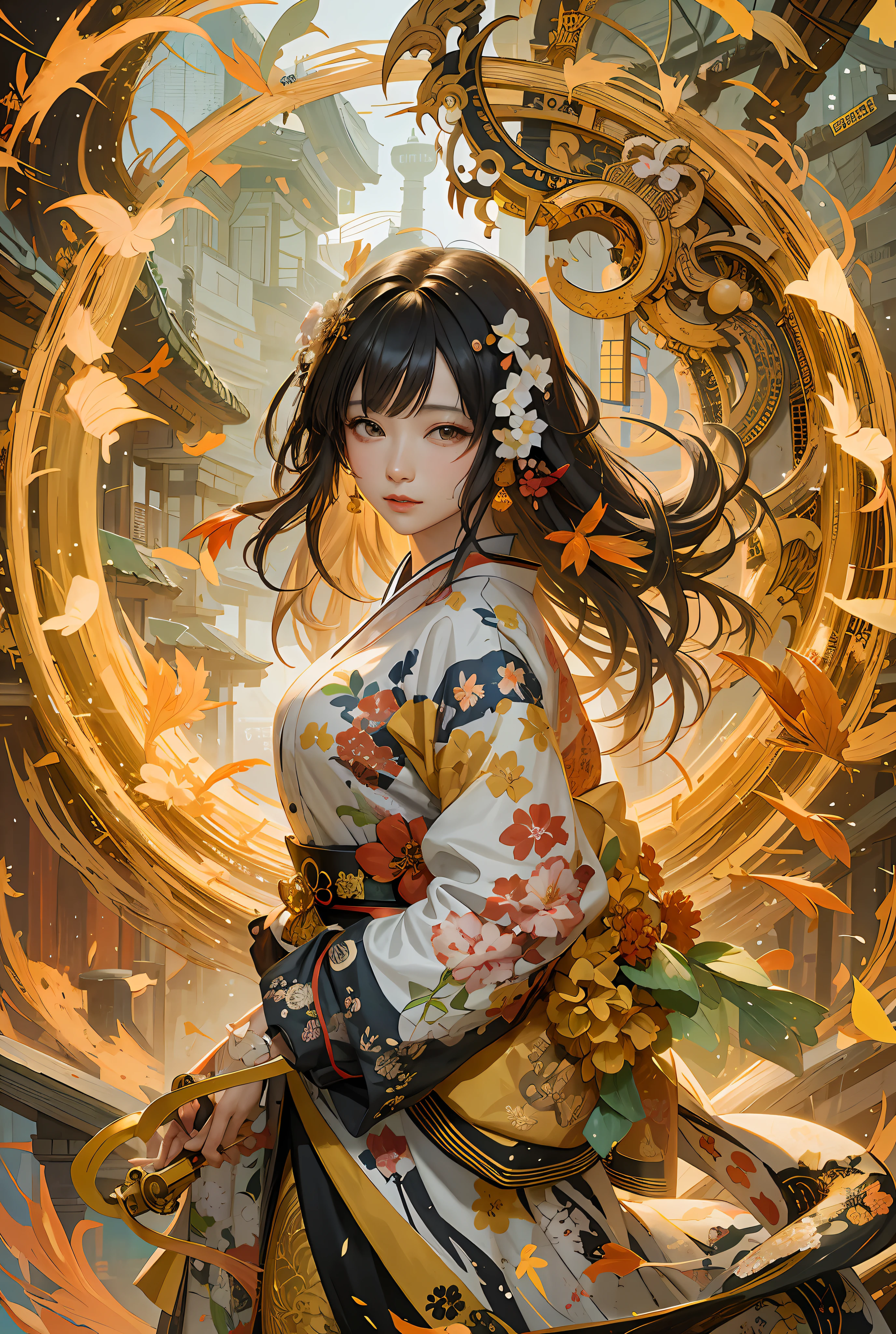 a woman in a kimono dress with a flowered background, official artwork, by Yang J, anime cover, a beautiful artwork illustration, beautiful digital artwork, goddess of autumn, inspired by Tang Yifen, beautiful anime artwork, trending on cgstation, beautiful fantasy anime, artwork in the style of guweiz, anime fantasy illustration, by Yu Zhiding