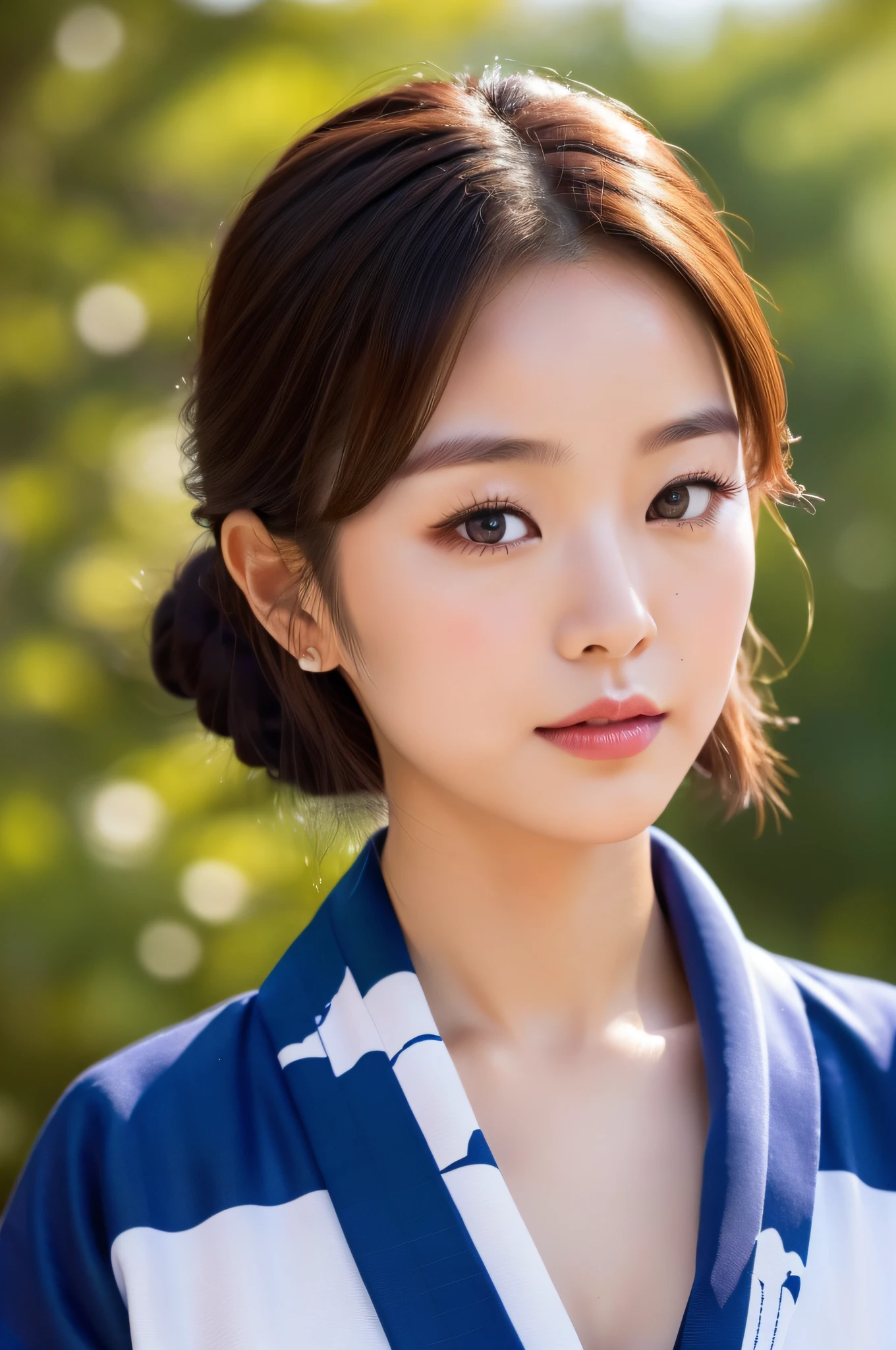 ((Top Quality, 8K, Masterpiece: 1.3)), Sharp Focus: 1.2, (Super Beautiful Face: 1.0), (Slender Abs Beauty: 1.0), (Shiny Skin: 1.0), Realistic Photography, Black Hair, Realistic Pupils, Video Lighting, High Definition Eyes and Face, Video Lighting, (Cowboy Shot: 1.3), kimono, hakama, obi, (Korean Cute Actress), in nature, traditional kimono, happy, Looking at the audience, head on, medium breasts