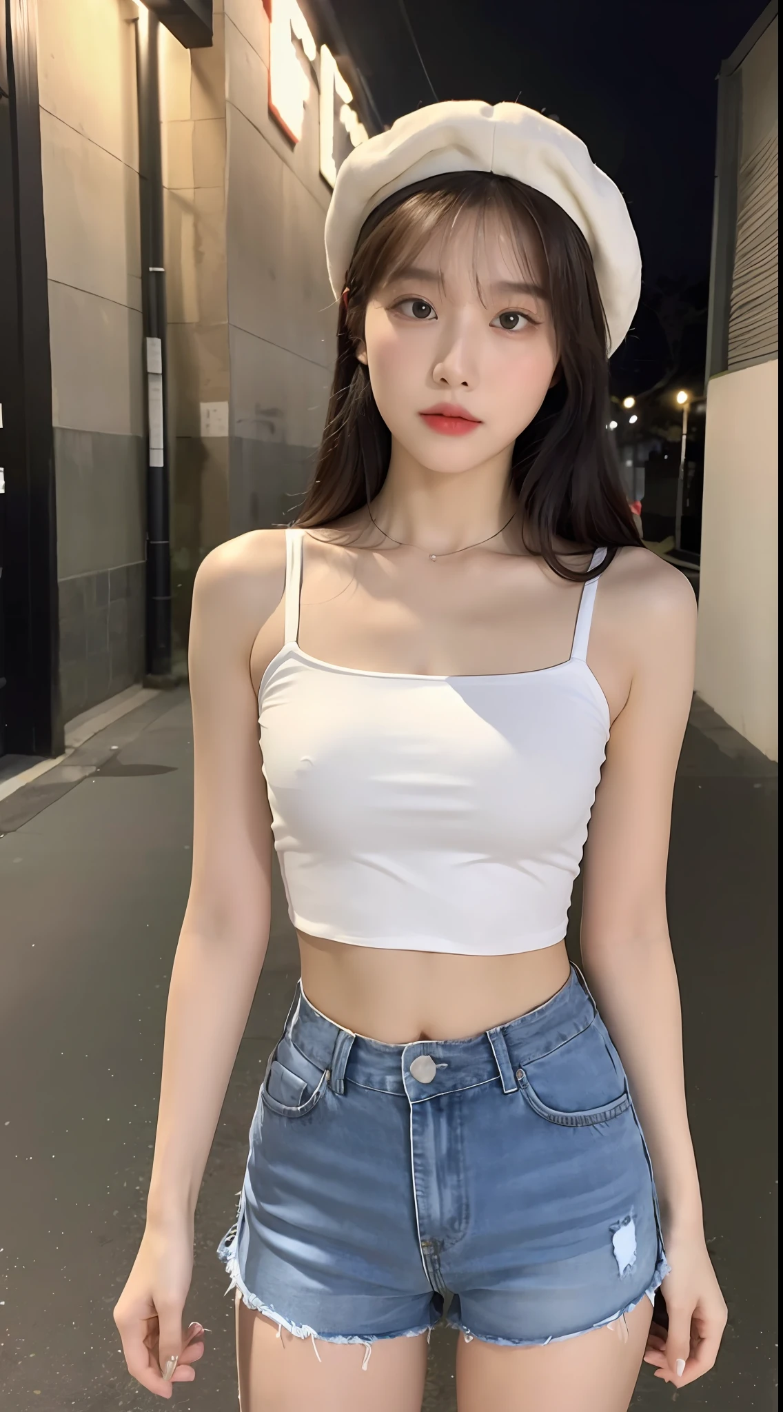 ((Best Quality, 8K, Masterpiece: 1.3)), (Flower Cap: 1.3), Focus: 1.2, Perfect Body Beauty: 1.4, Buttocks: 1.2, (Layered Haircut: 1.2)), (Dark Street: 1.3), Highly Detailed Face and Skin Texture, Full Body, Delicate Eyes, Double Eyelids, Whitened Skin, Long Hair, (Round Face: 1.5), (Loose Crop Top, Shorts: 1.6)