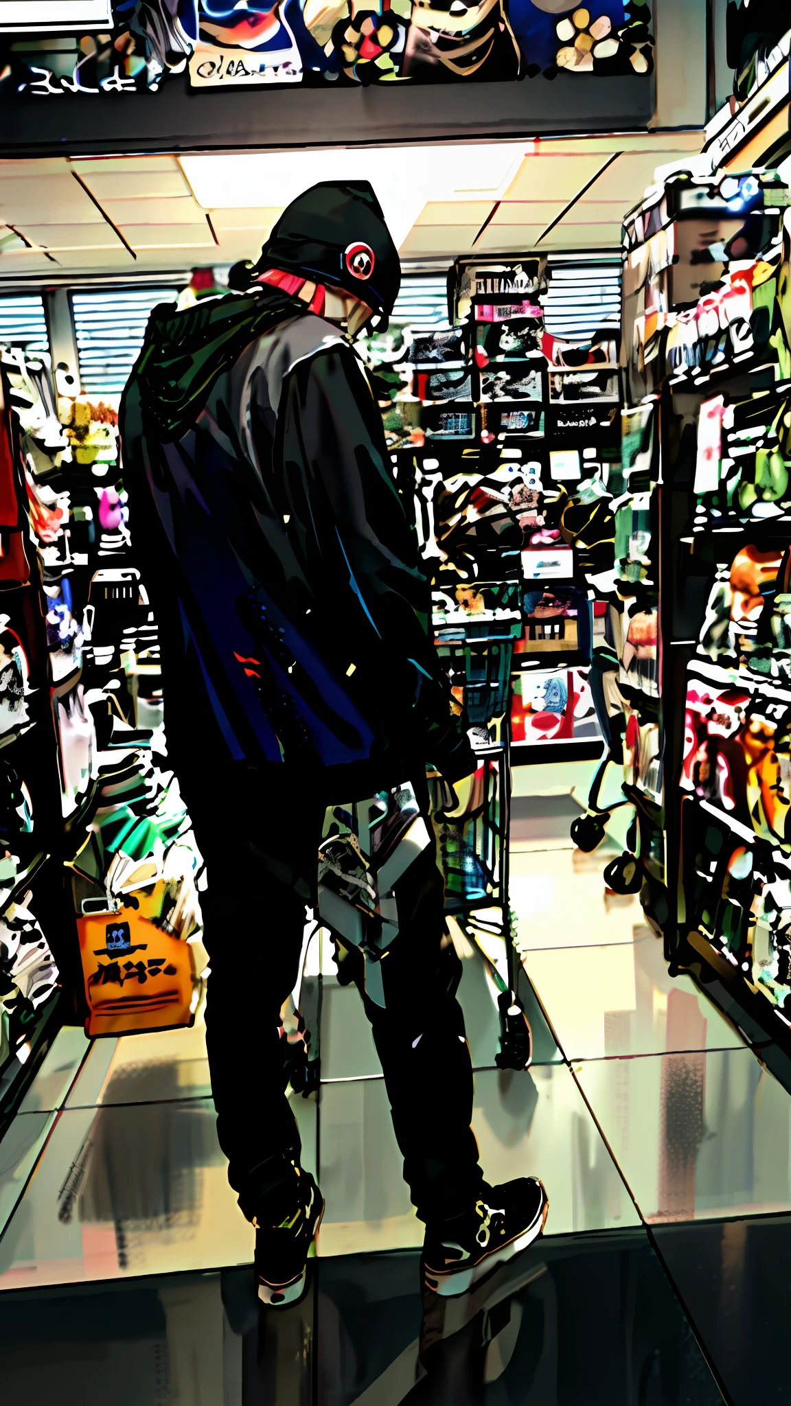 araffe in a black jacket and black pants pushing a shopping cart, getting groceries, stood in a supermarket, shopping groceries, taken in the early 2020s, people shopping, smooth in _ the background, ((in a super market costco)), distant full body shot, at checkout, wearing a baggy, bladee from drain gang, xxxtentacion, dreads, his hair is messy and unkempt, cyberpunk street goon, badass anime 8 k, scruffy looking, american man, caucasian man, european man, white man, blue eyes, chains, rings, lil peep, shinobi, alternate album cover, album cover!, xxxtentacion, album art cover, album art, new album cover, yung lean, music album cover, album cover, rap album cover, colored album art, hardops, arca album cover, an album cover, album artwork, sicko, trending, photo from a promo shoot, end of an era, official artwork, promo image, bladee from drain gang, naruto, anime style, 4k, 8k, high resolution, ultra resolution, steampunk, shades of light, shades of shadow, artwork, two tone lights, ultra detailed, black clothes, best image quality, masterpiece, incredible, vibrant, super high resolution, artwork, style, amazing, dark, shadow, punk, black, drawing, anime,