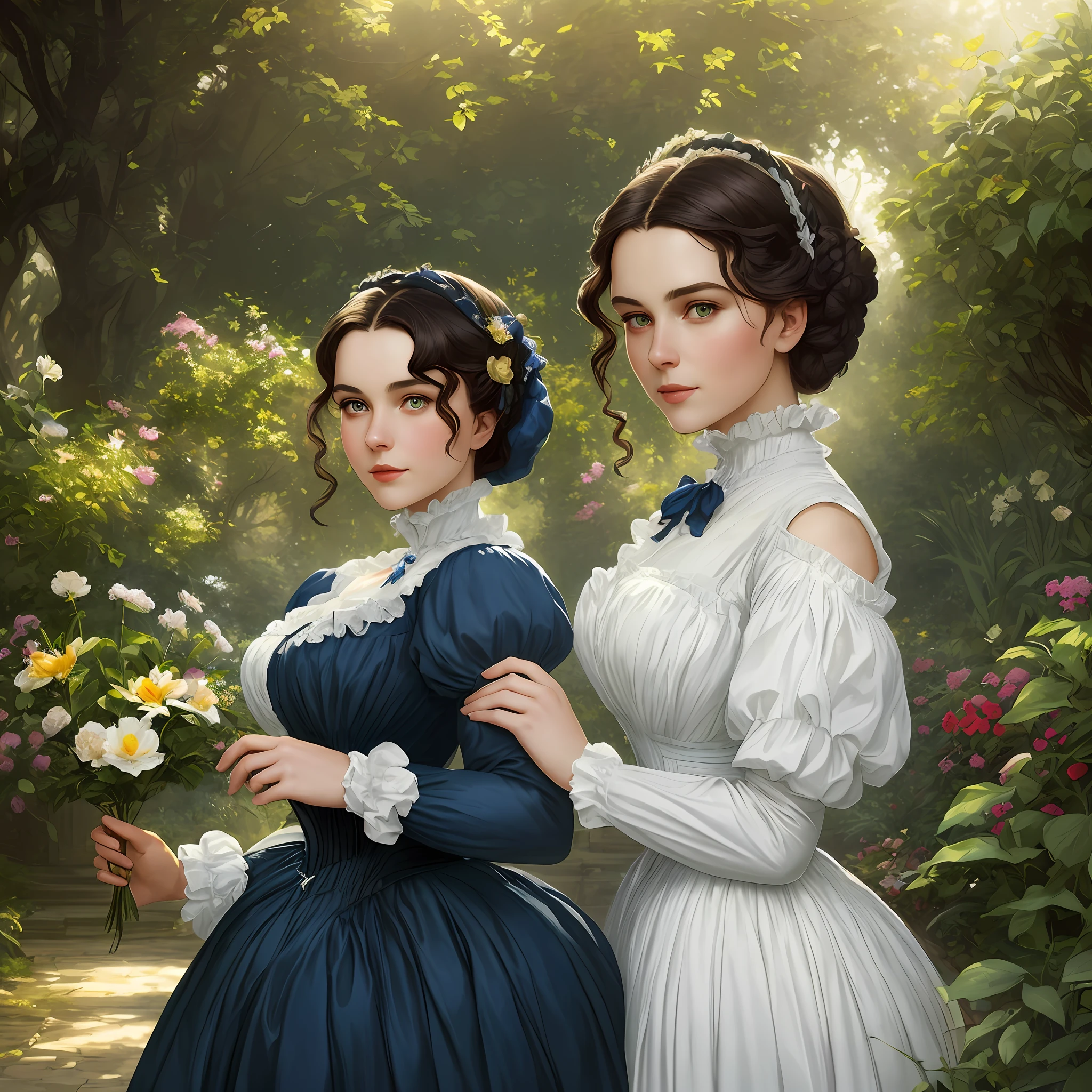 masterpiece stunning delicate and curvy young woman 20 years old, wearing british victorian lady outfit, blue dress, ruddy skin, dark brown straight medium hair, detailed perfect almond-shaped emerald green eyes, perfect sensual and full lips, resemblance to scarlett ohara, looking up, ((sunny victorian mansion garden background)), full body, cover, hyperdetailed painting, luminism, Bar lighting, complex, 4k resolution concept art portrait by Greg Rutkowski, Artgerm, WLOP, Alphonse Mucha: a stunning realistic photograph 18 years