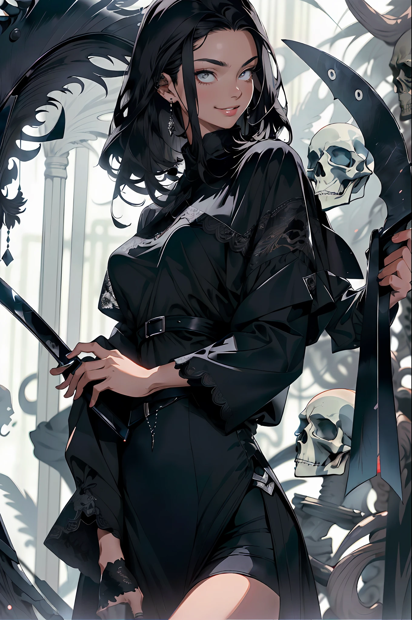 (((BLACK HAIR, [PERFECT REALISTIC EYES])))), (((HOLDING A SCYTHE IN HANDS,))) 1GIRL, SEXY, BLACK OUTFIT, BLACK CAPE AND HOOD, LARGE BREASTS, SLIM BODY, SLIM WAIST, ultra realistic 8k CG, perfect face, flawless, clean, masterpiece, professional artwork, famous art, cinematic lighting, real, SINISTER, BLACK HOOD, WIDE SMILE, (DARK SETTING), costume, MACABRO, BLACK UPAS, lace, lace trim,  lacy legwear, nsfw, breasts out, absurdly long hair, very long hair, (rich: 1.4), SKULLS AROUND, intricate detail, delicate pattern, sexy, charming, seductive, seductive, erotic, charming,