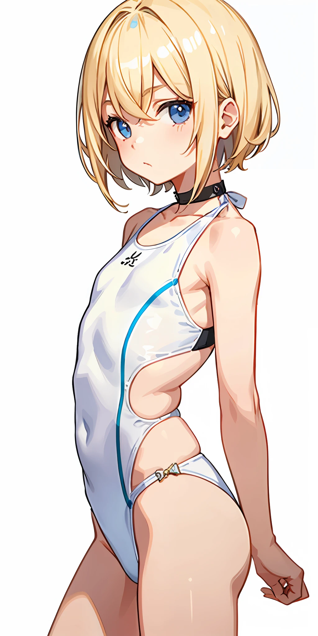 (masterpiece), blonde, (shota 1.4), boy, short bob, straight hair, swimsuit, (white background), (best quality)