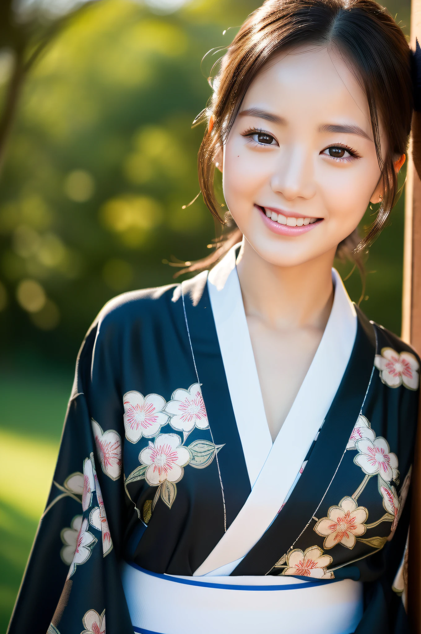 ((Top Quality, 8K, Masterpiece: 1.3)), Sharp Focus: 1.2, (beautiful Actress ), Realistic Photos (Shiny Skin), Black Hair,  Realistic Pupils, Movie Lighting, Highly Detailed Eyes and Face, Smile, in nature, A neat young lady Wear Kimono