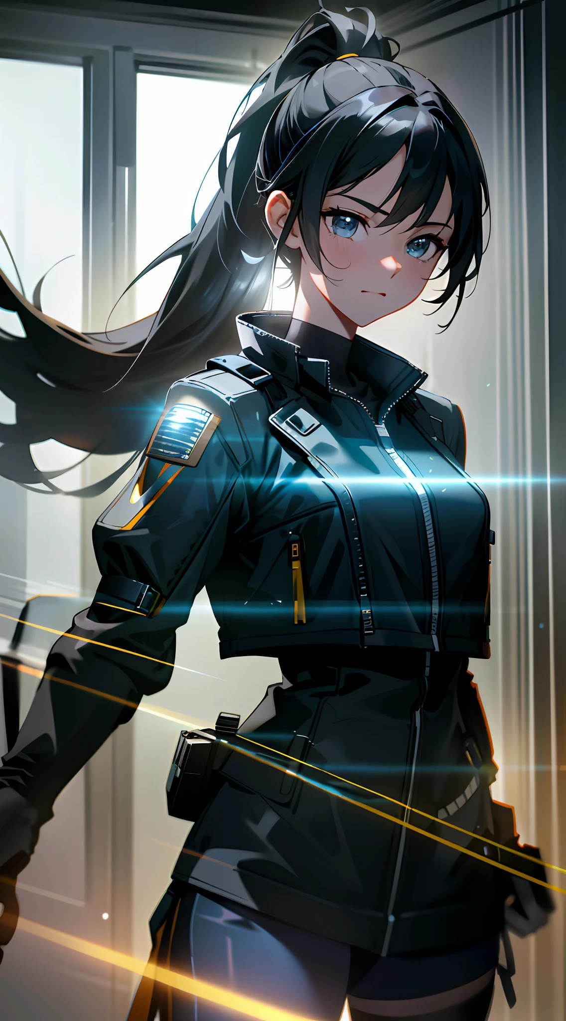 (various exaggerated poses), (black length straight 1.5), (high ponytail 1.5), pupils with light, leather jacket, stockings, leg length one meter eight, high cold, cold expression, (best quality), ultra-detailed, realistic, Octane renderer, Unreal engine, ultra detail, cinematic lighting effects, high dynamic range, (HDR), 32K resolution, super resolution, megapixels, ProPhoto RB, harsh lighting, mirror light hologram, ray tracing, semi-reflective lighting, natural lighting, Incandescent, Optical Fiber, Emotional Lighting, Film & TV Lighting, Studio Lighting, Soft Lighting, Volumetric Light, Backlight, Beautiful Lighting, Accent Lighting, Global Illumination, Screen Space Global Illumination, Ray Traced Global Illumination, Optical, Scattering, Glow, Shadow, Rough, Flickering,