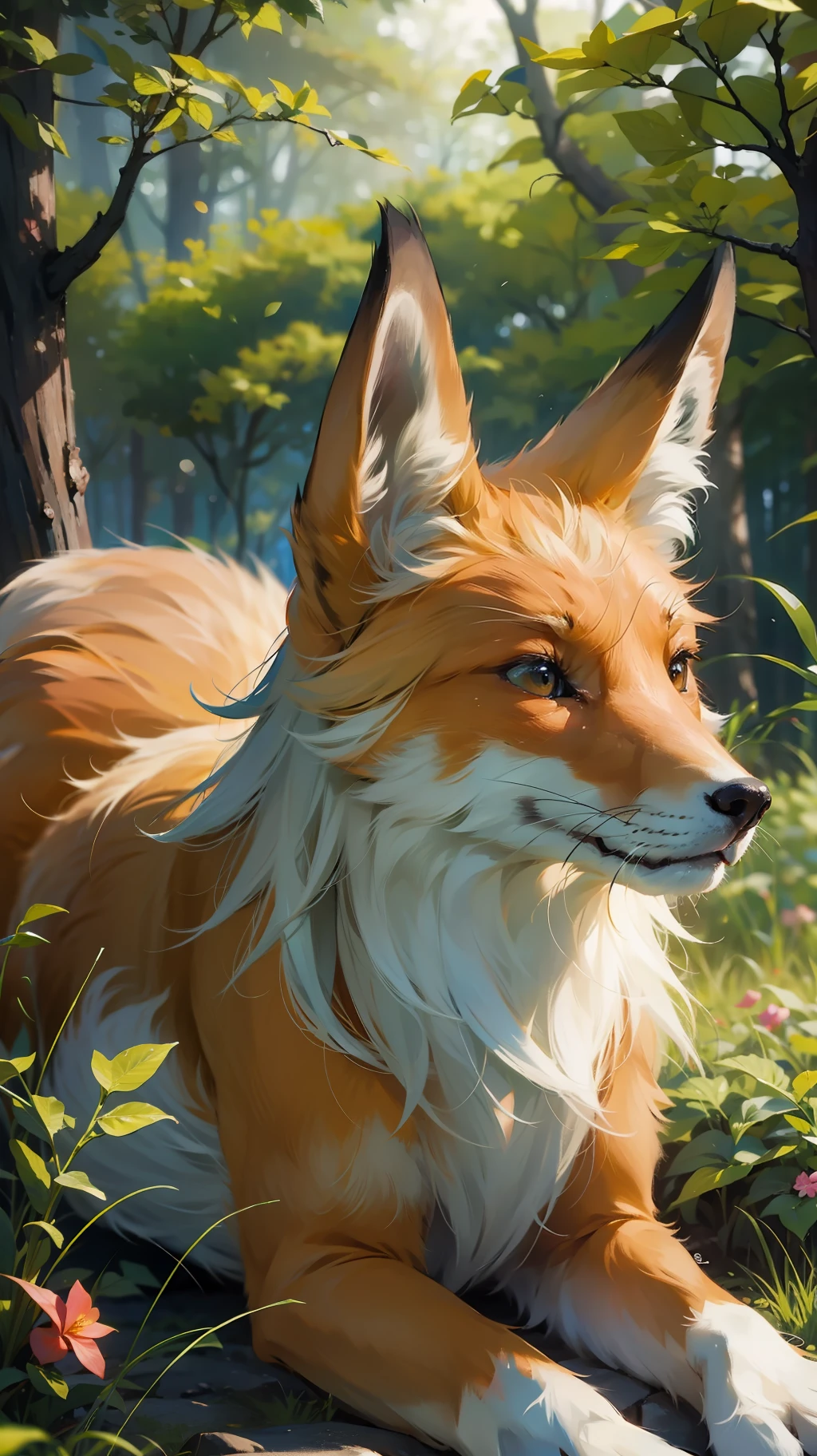A fox looking at the viewer, in a beautiful forest