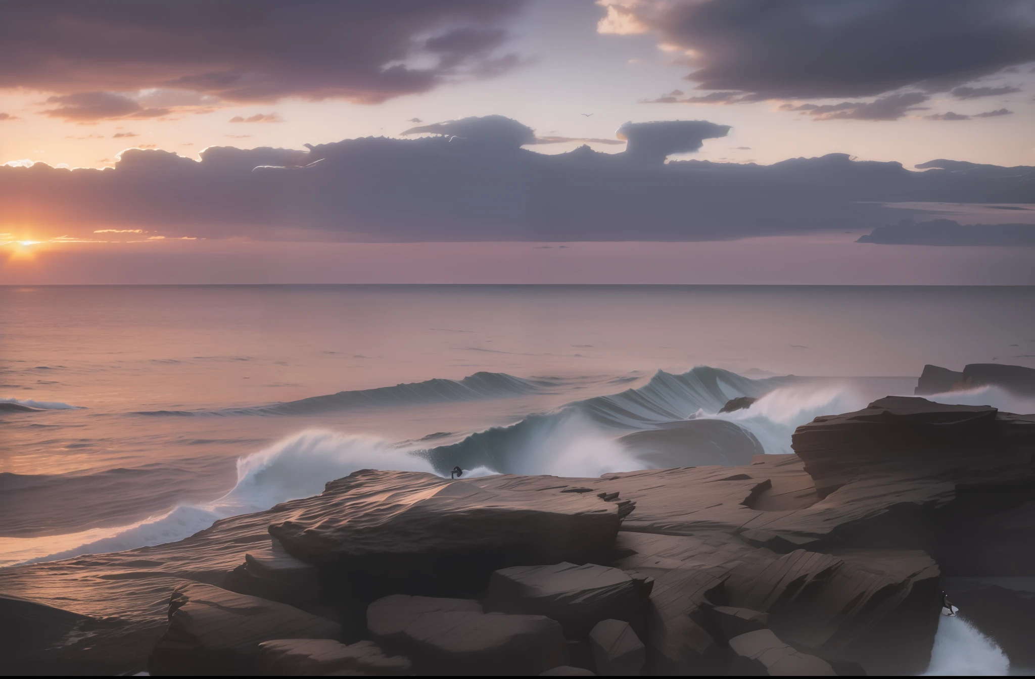 there is a lone surfboarder riding the waves on the rocks, ocean and rock landscape, the ocean in the background, rocky seashore, coast as the background, rocky coast, ocean in the background, the sea in the background, ocean shoreline on the horizon, rocky shore, a photo of the ocean, view of the ocean, with jagged rocks and eerie
