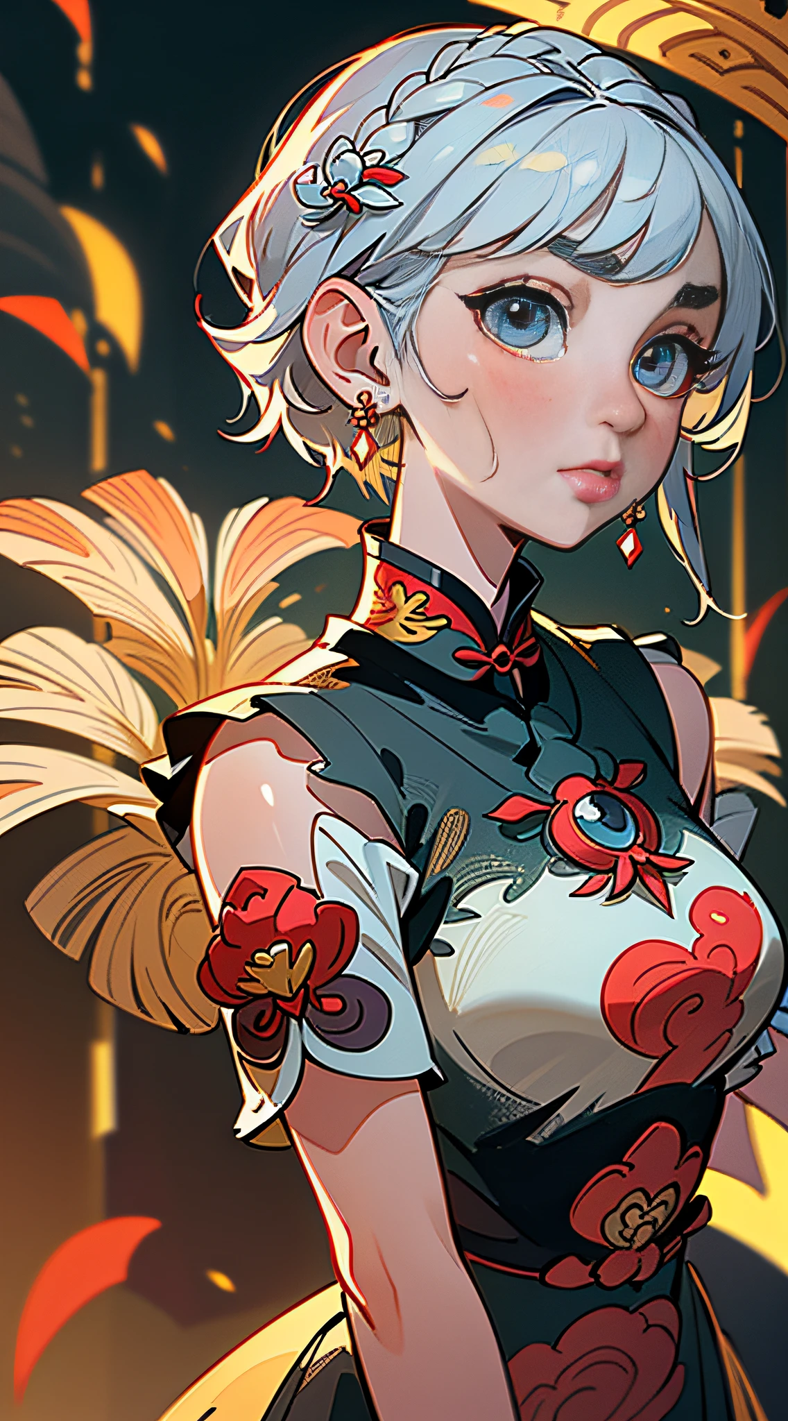 (Masterpiece, Best Quality), Masterpiece, Super Detailed, Super HD, High Quality, Highest Quality, 32k, Chinese Guochao Culture, Guochao Style, Guochao Style, Guofeng Color Matching, ((Delicate and Beautiful Face, Super Pretty)), ((Super Delicate Big Eyes, Focused Eyes))), Maiden in Cheongsam, Red Cheongsam, Epic Composition, Short Silver Hair, Gorgeous Costumes, Intricate Design, Hair Accessories, Earrings, Walking on the Street, Night, Charming Expressions, Upper Body, Close-up, Amazing Facial Features, Short flowing hair, neck exposed, complex design, simple background, background blur, stunning lighting, C4D, OC rendering, movie edge light, fine light,