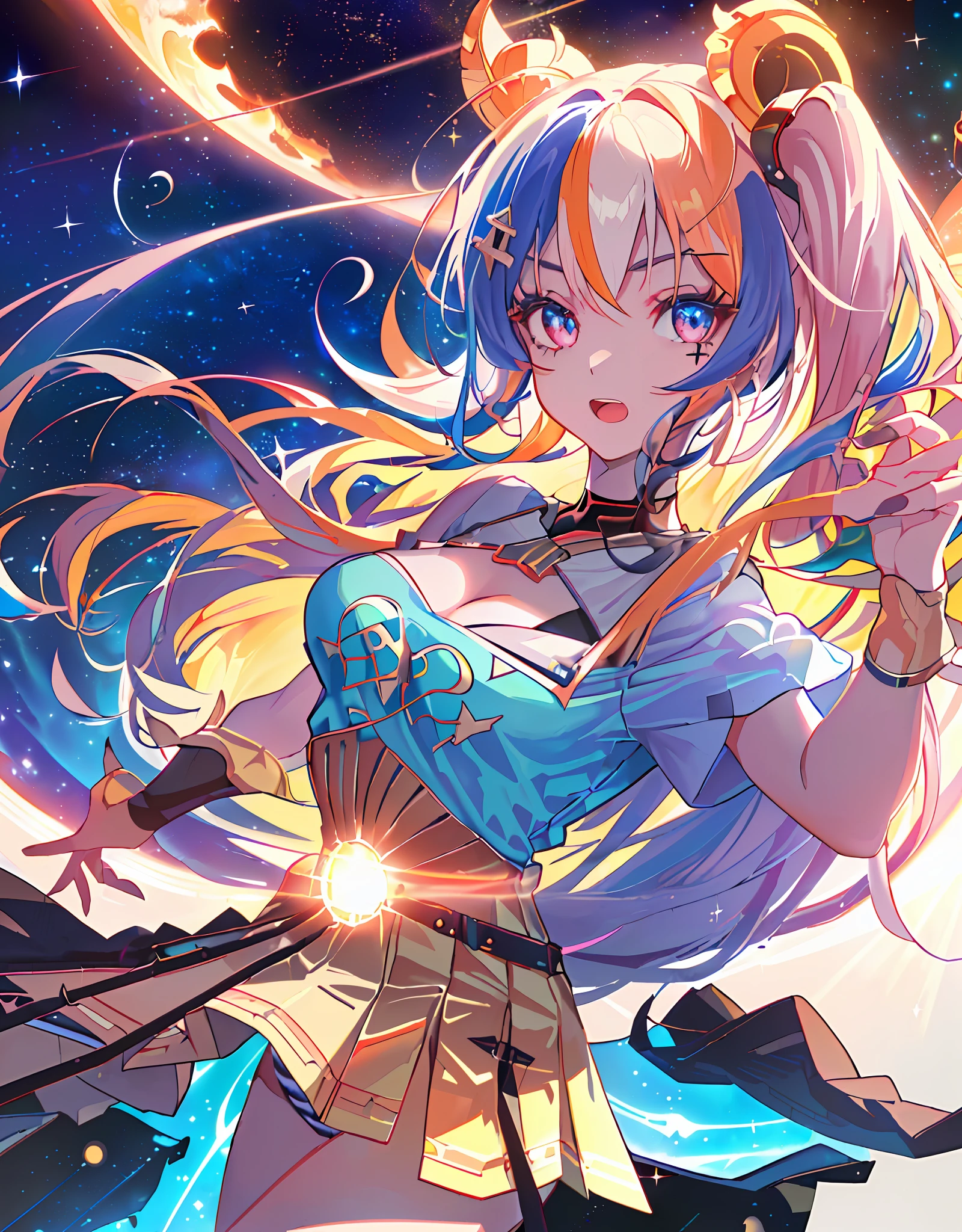 Anime CG, Hi-Res, Absurdity, 8k, Masterpiece, ((((Detailed Eyes and Detailed Face: 1.2), Dynamic Angle, (((Detailed Eyes and Detailed Face: 1.2)))))), (((Perfect Human Hand, Super Detailed Human Five Fingers)))), ((Perfect Human Foot)), Upper Body, 1 or 2 Girls, Wolf Ears, Wolf Tail, Pink Eyes, Hairs Between Eyes, (((((Wink)))), D Cup, cleavage, striped hair, ((Variegated hair color: 1))))), ((((Random hair color: 1)))), Variegated hairstyle: 1, Twin tails, ultra-detailed gradient hair, ((T-shirt with kagenari letters)))), professional designer, fashion leader, ruffled dress, Love Live, jewelry, best stage, climax, professional stage, ( Perfect singer holding the microphone with his left hand and singing emotionally, perfect singer, screaming, overflowing emotions, supreme suffering))), singer, vocalist: 1, idol, diva, ((galaxy, space, earth, planet, battle, explosion, ivory gold ai spaceship in space))), professional stage, professional lighting, live lighting, distraction, fan service: 1, ((((background, Sing on the stage of the AI spaceship: 1.2)))), (((Sing on the stage of the AI spaceship: 1.2, space, earth, planet, battle, blast, explosion, ivory gold AI space spaceship, stars))), ((((Panchira, cute panties))))