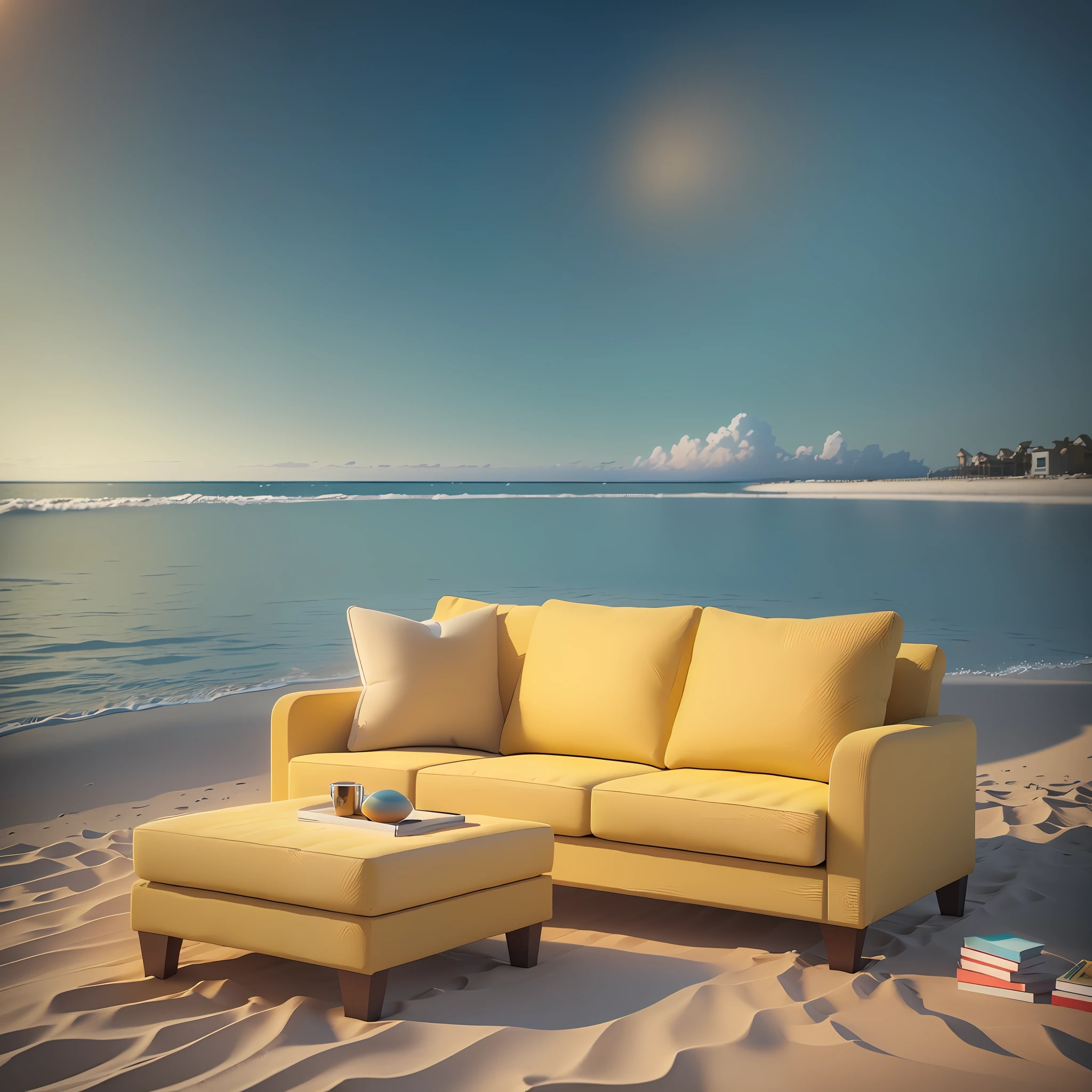 yellow couch and ottoman on the beach with ocean in the background, some sandy yellow pillows, beach setting, yellow carpeted, in a beachfront environment, serene beach setting, relaxing on the beach, relaxing environment, realistic cinema 4 d render, beach setting medium shot, relaxing at the beach, it's is relaxing on a beach, very realistic 3 d render