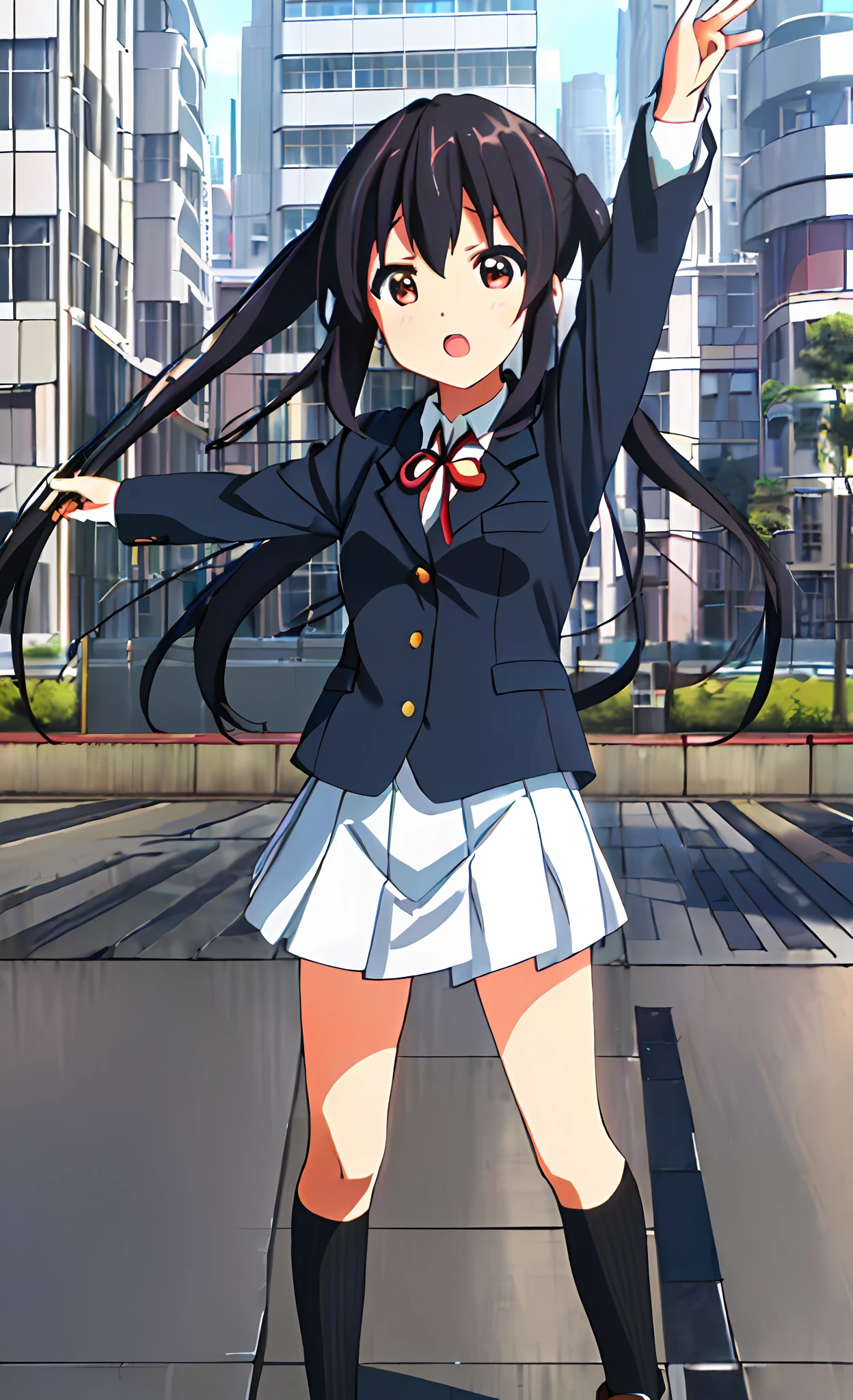 1girl, ((((Masterpiece))), Best Quality, Best Quality, High Detail, Azusa Nakano, 1girl, Sakuragaoka High School Uniform, Musical Instrument, School Uniform, Twin Tails, Long Hair, Black Hair, Brown Eyes, Solo, Red, Dark blue blazer with a thin ribbon of red, Solid white button shirt under blazer, Illustration, Cartoon, Soothing tones, Muted colors, Soft cinematic light, Adobe Lightroom, Photo Lab, HDR, complex and highly detailed, (((depth of field))))). (((Masterpiece))). (((highest quality))).) ((super detail))). (((Illustration))). (((Outside))). (((fighting stance))).,((((Giantization))).dynamic focus.small breasts. (((skyscrapers))). (((Cityscape))). (((Face of sadness))). Open mouth. Spread your arms.