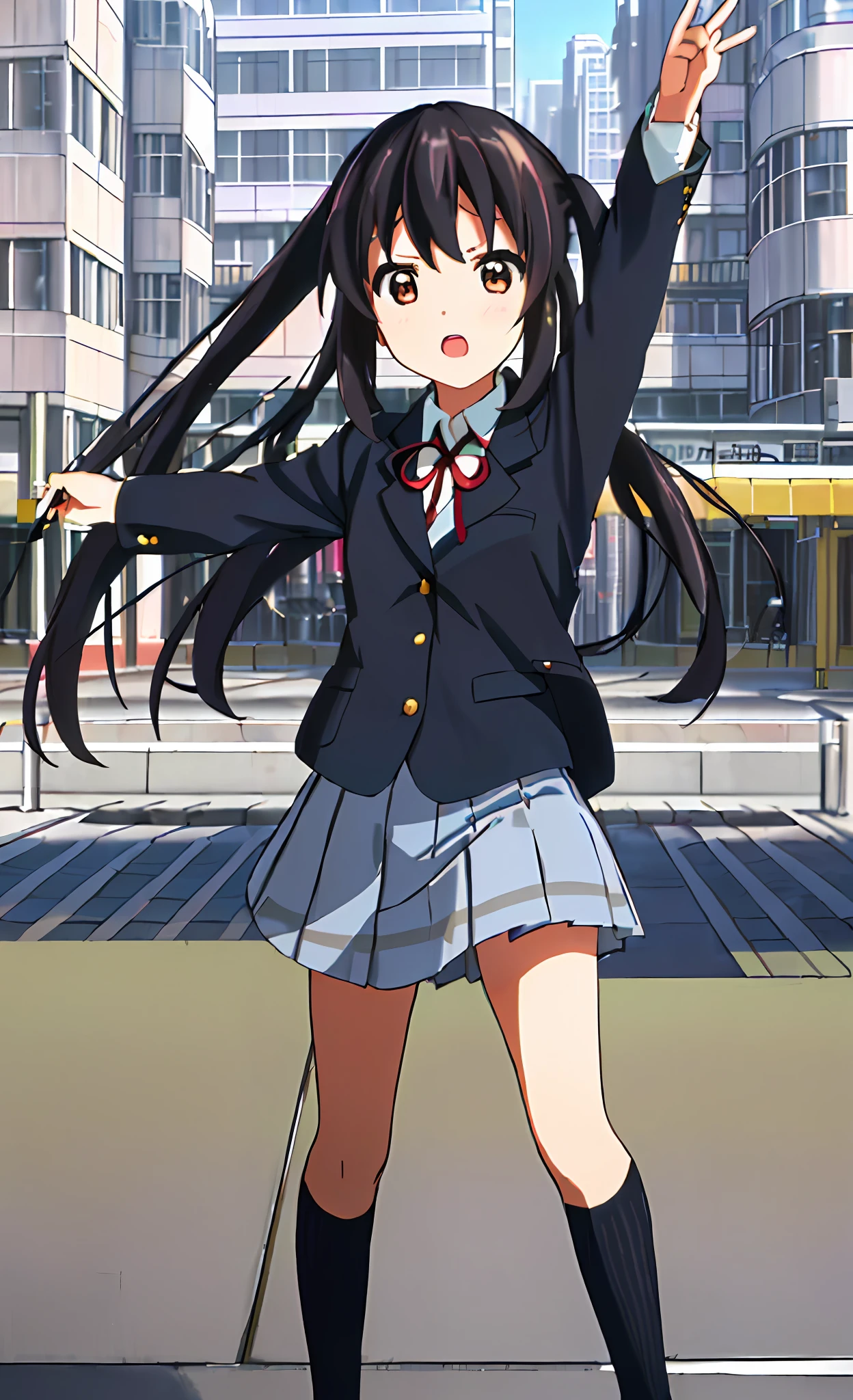 1girl, ((((Masterpiece))), Best Quality, Best Quality, High Detail, Azusa Nakano, 1girl, Sakuragaoka High School Uniform, Musical Instrument, School Uniform, Twin Tails, Long Hair, Black Hair, Brown Eyes, Solo, Red, Dark blue blazer with a thin ribbon of red, Solid white button shirt under blazer, Illustration, Cartoon, Soothing tones, Muted colors, Soft cinematic light, Adobe Lightroom, Photo Lab, HDR, complex and highly detailed, (((depth of field))))). (((Masterpiece))). (((highest quality))).) ((super detail))). (((Illustration))). (((Outside))). (((fighting stance))).,((((Giantization))).dynamic focus.small breasts. (((skyscrapers))). (((Cityscape))). (((Face of sadness))). Open mouth. Spread your arms.