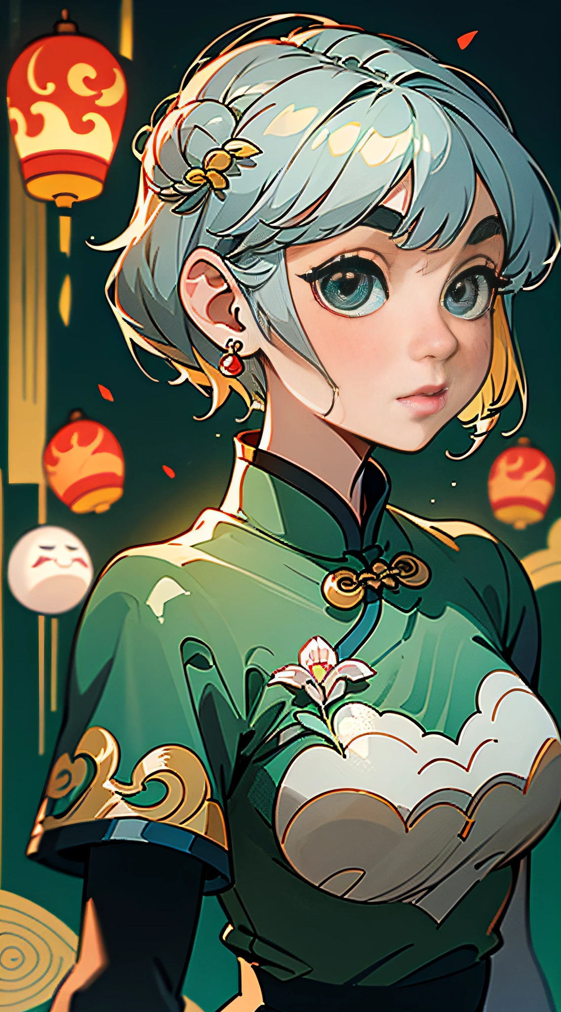 (Masterpiece, Best Quality), Masterpiece, Super Detailed, Super HD, High Quality, Highest Quality, 32k, Chinese Guochao Culture, Guochao Style, Guochao Style, ((Delicate Big Eyes)), Beautiful, Guochao Cheongsam, Maiden in Cheongsam, Green Cheongsam, Epic Composition, Short Silver Hair, Gorgeous Costumes, Intricate Design, Hair Accessories, Earrings, Walking on the Street, Night, Upper Body, Close-up, Amazing Facial Features, Short Flowing Hair, Neck Exposed, Simple Background, Blurred Background, Stunning Lighting, C4D, OC rendering, movie edge light, fine light,