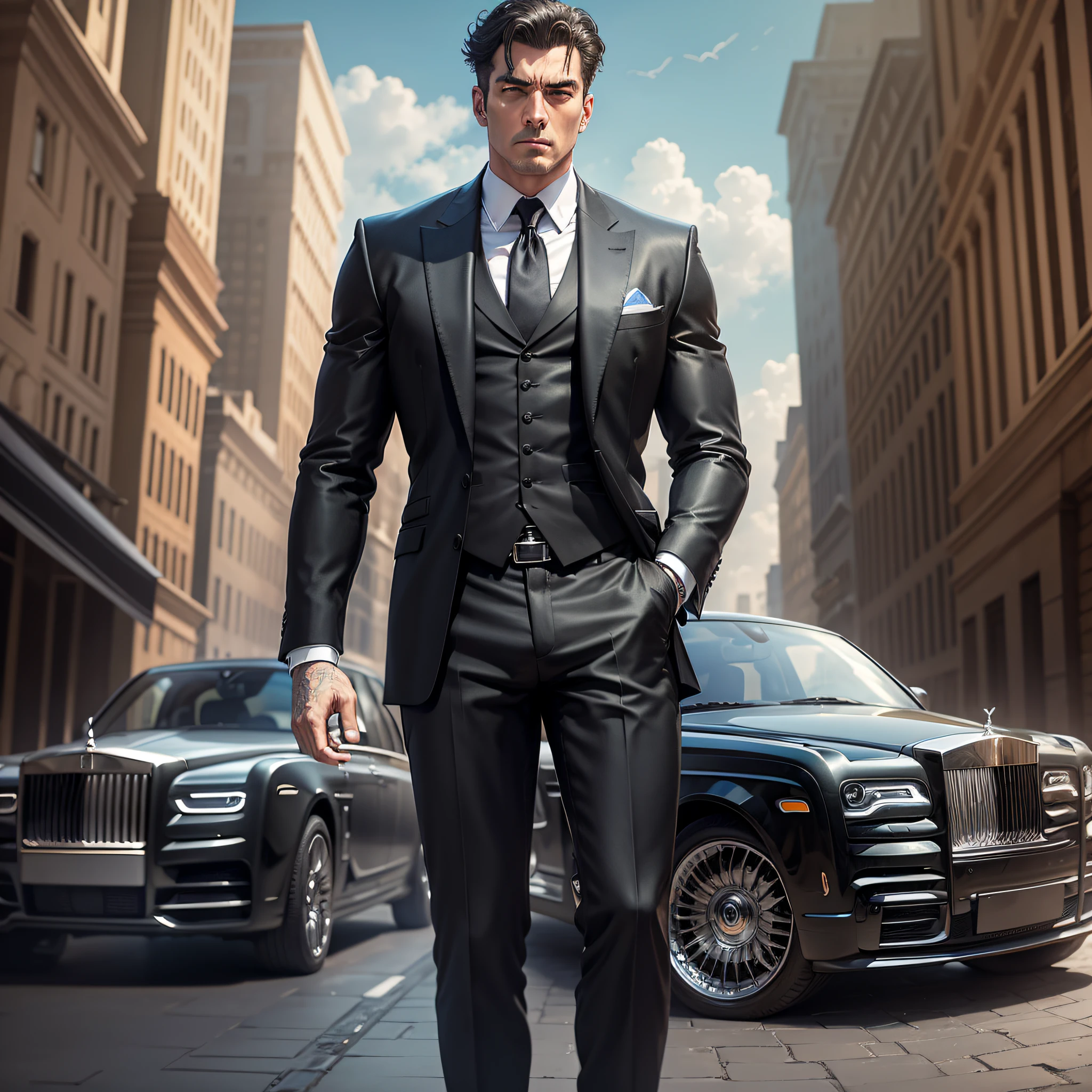 Masterpiece, a bodyguard in a black suit stands next to a Rolls-Royce and raises his arm --auto --s2