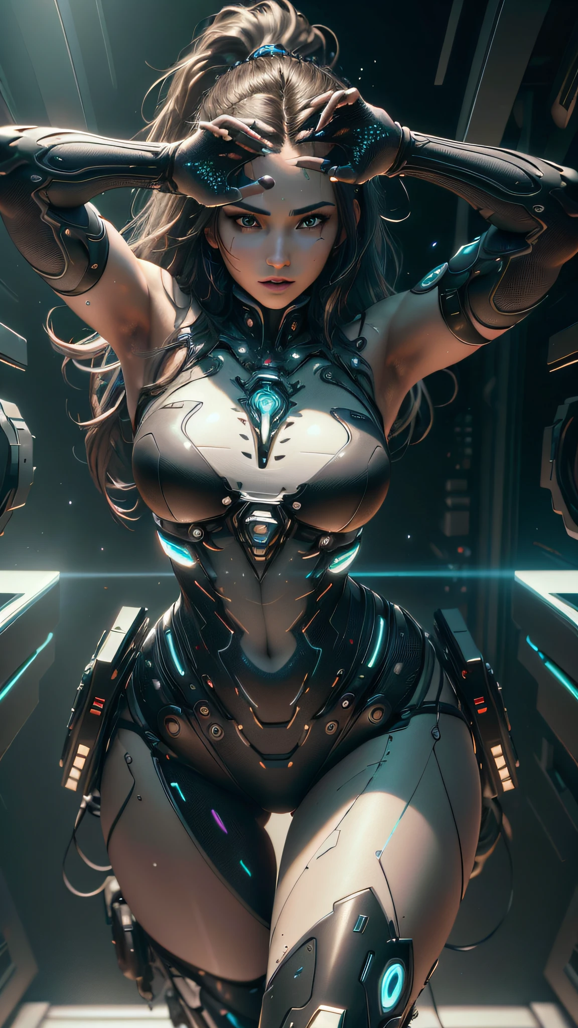 ((Best quality)), ((masterpiece)), (detailed:1.4), 3D, a beautiful cyberpunk female figure, thick hair, light particles, pure energy chaos anti-technology, HDR (High Dynamic Range), ray tracing, NVIDIA RTX, Super-Resolution, Unreal 5, Subsurface scattering, PBR TexturingPost-processing, Anisotropic Filtering, Depth-of-field, Maximum clarity and sharpness, Multi-layered textures, Albedo and Specular maps, Surface shading, Accurate Simulation of Light-Material Interactions, Perfect Proportions, Octane Render, two-tone illumination, large aperture, low ISO, white balance, rule of thirds, 8K RAW, arm up
