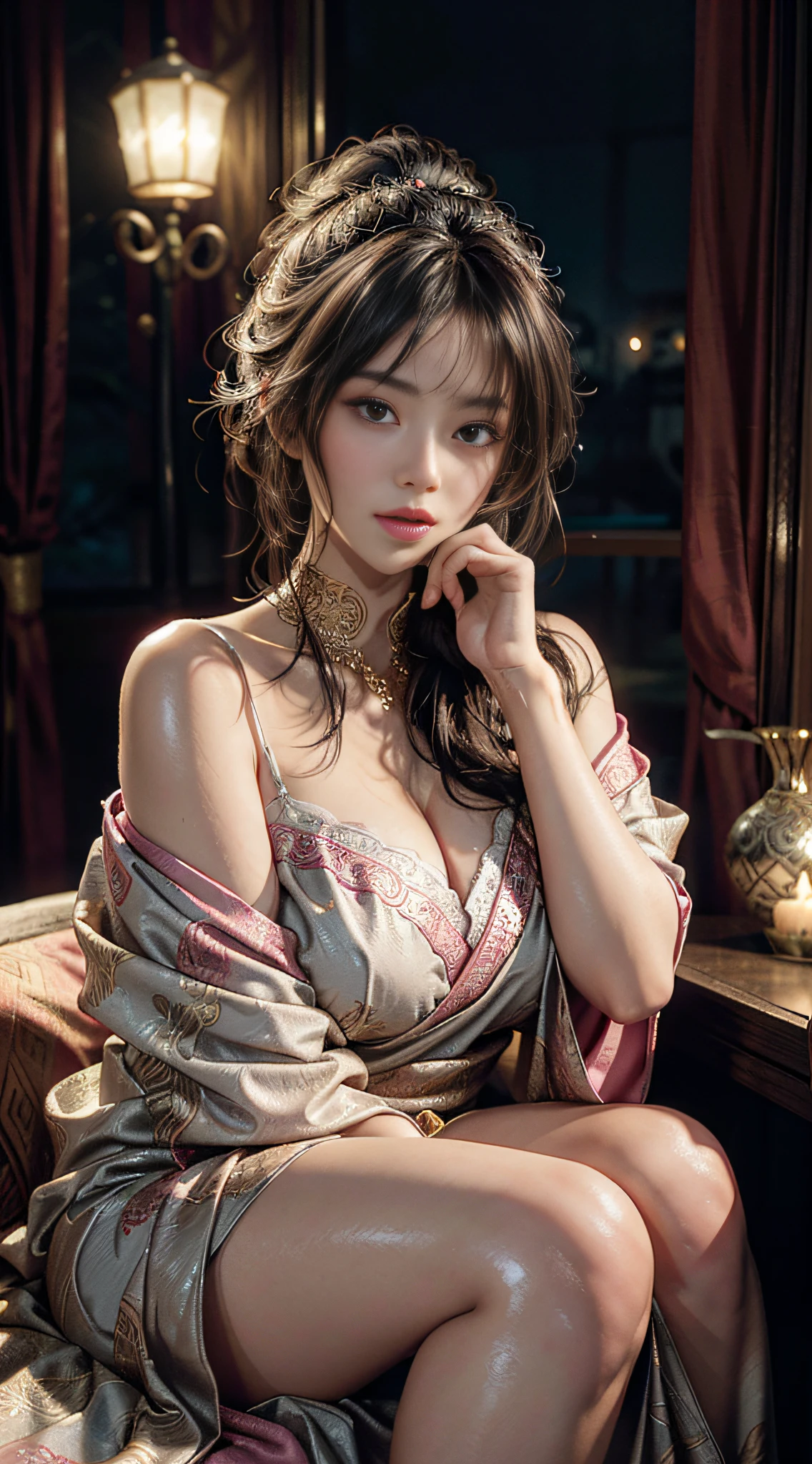 The art depicts a charming woman dressed in a flowing, silky traditional oriental dress, pink, decorated with intricate patterns and bright colors. Her dress drapes elegantly over her curvy figure, accentuating her seductive silhouette. She stood gracefully in the quiet moonlit night, bathed in the soft glow of the moonlight. The scene exudes an ethereal and dreamy atmosphere, with a touch of mystery and sexiness. The graphic style blends watercolor and digital illustration techniques to evoke a refined beauty and charm. The lights are filled with soft moonlight, casting soft highlights and shadows on her charming features. Bare thighs, big breasts, three-dimensional facial features, sitting, upturned legs, clear eyes, tall buildings in the distance